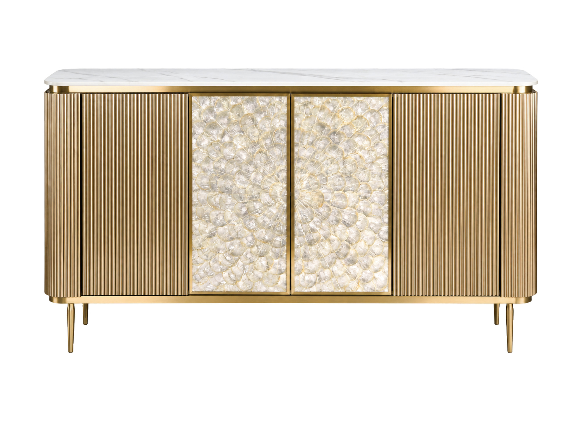 4-türige Kommode Eleganza 160 cm mit Muschelfronten in Champagnergold – Produktansicht auf weißem Hintergrund