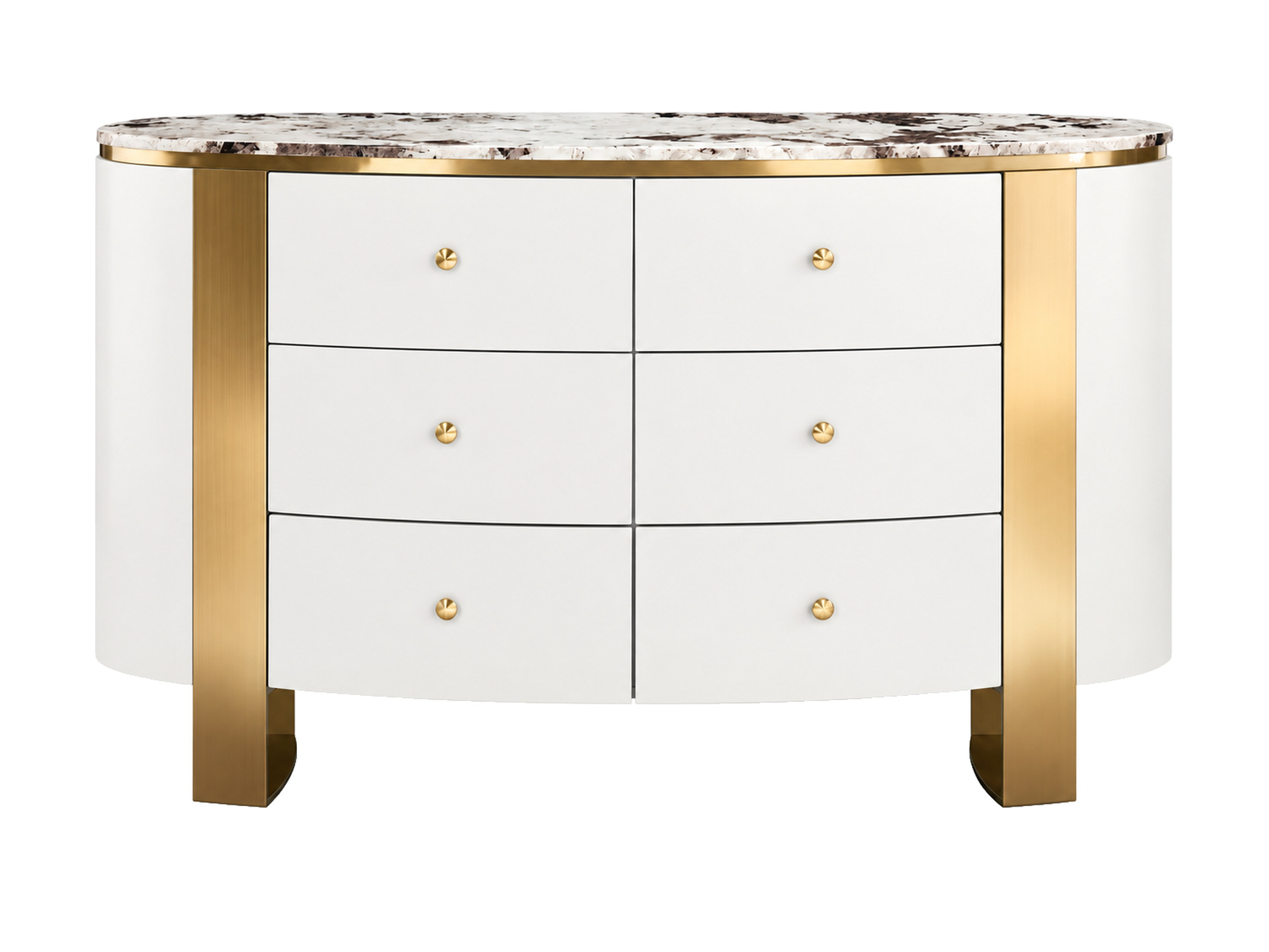 Komoda se 6 zásuvkami 140 cm lomená bílá se zlatými nožkami Eleganza – produkt na bílém pozadí