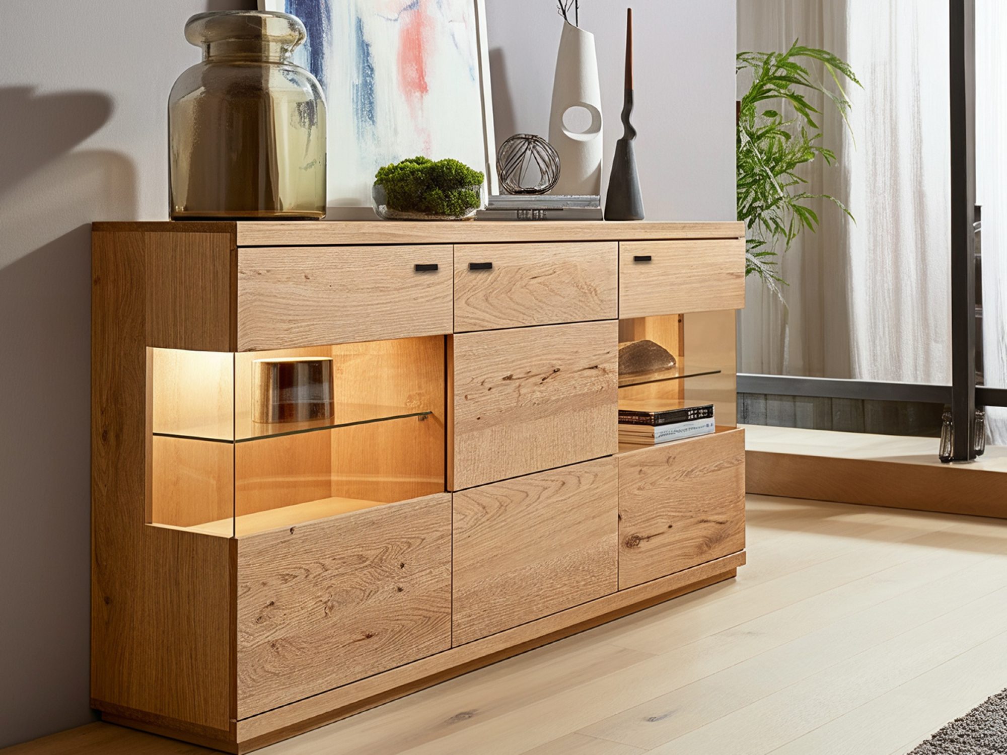 Eichenkommode Corvena mit LED-Beleuchtung im Wohnzimmer-Ambiente