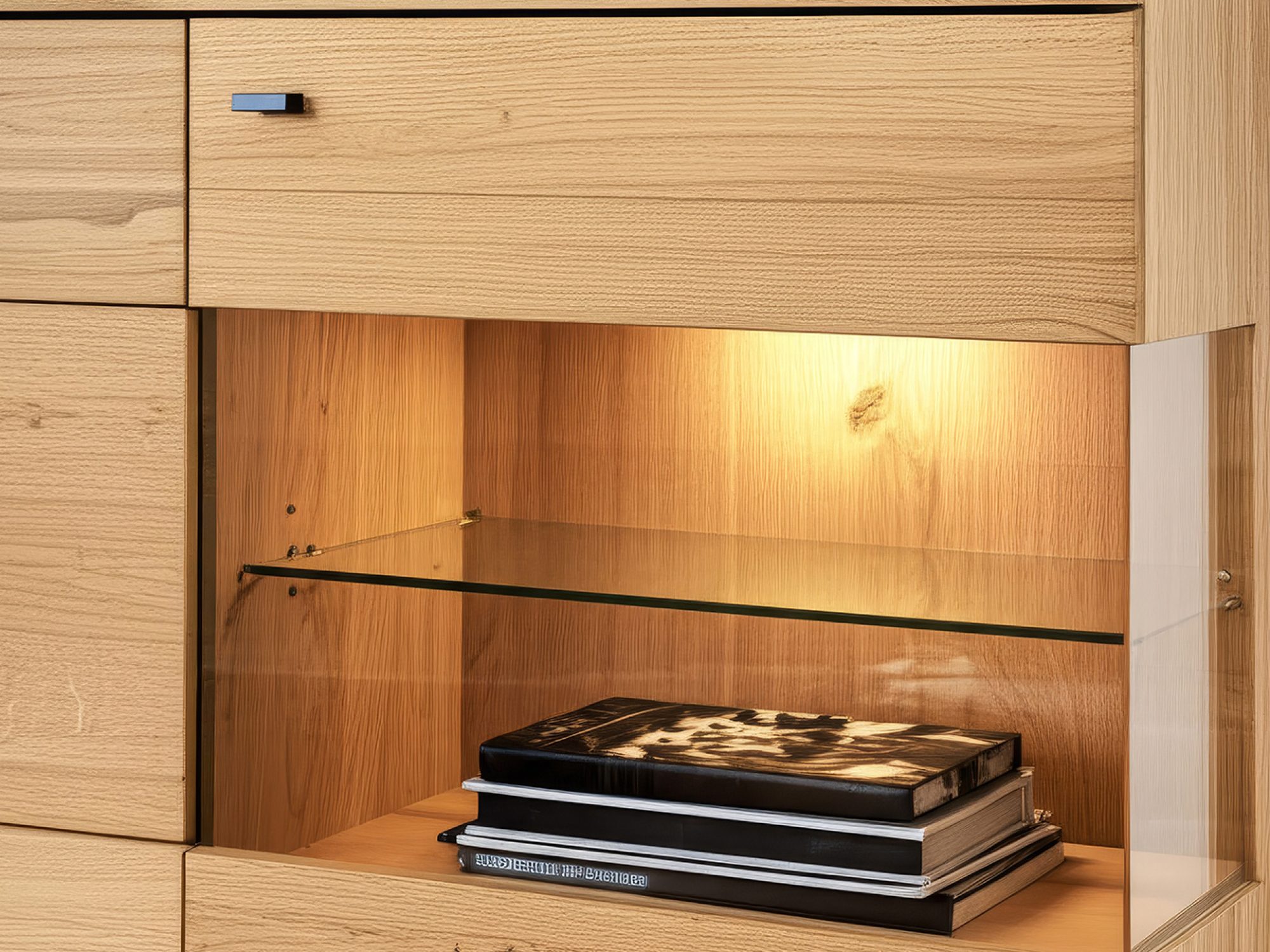 LED-beleuchtete Vitrine der Kommode Corvena – Glasboden in Nahaufnahme