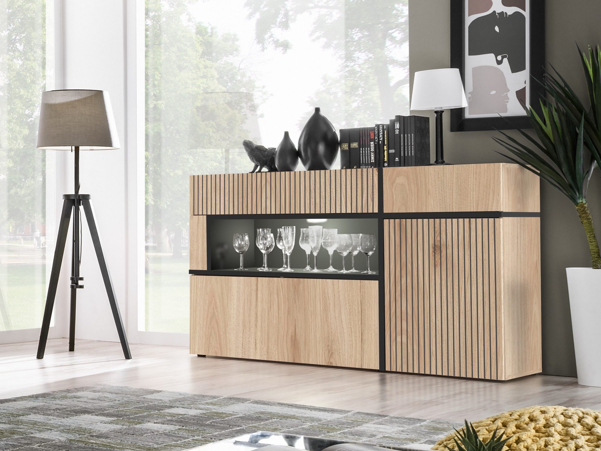 Kommode Cresto 150 cm in Hickory Jackson Schwarz im Wohnzimmer-Ambiente
