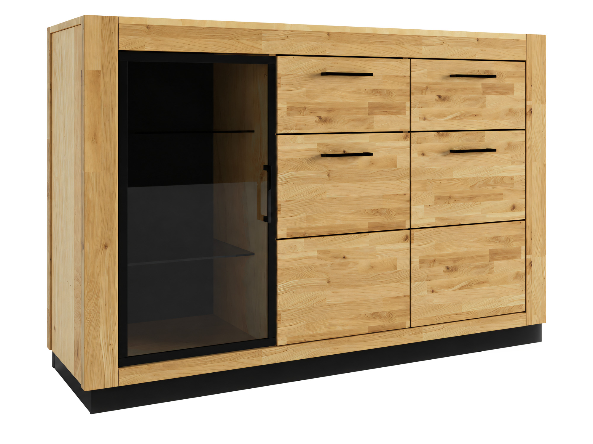 Kommode Renvano 141 cm Eiche mit Glas, Eiche und Schwarz – Ansicht auf weißem Hintergrund