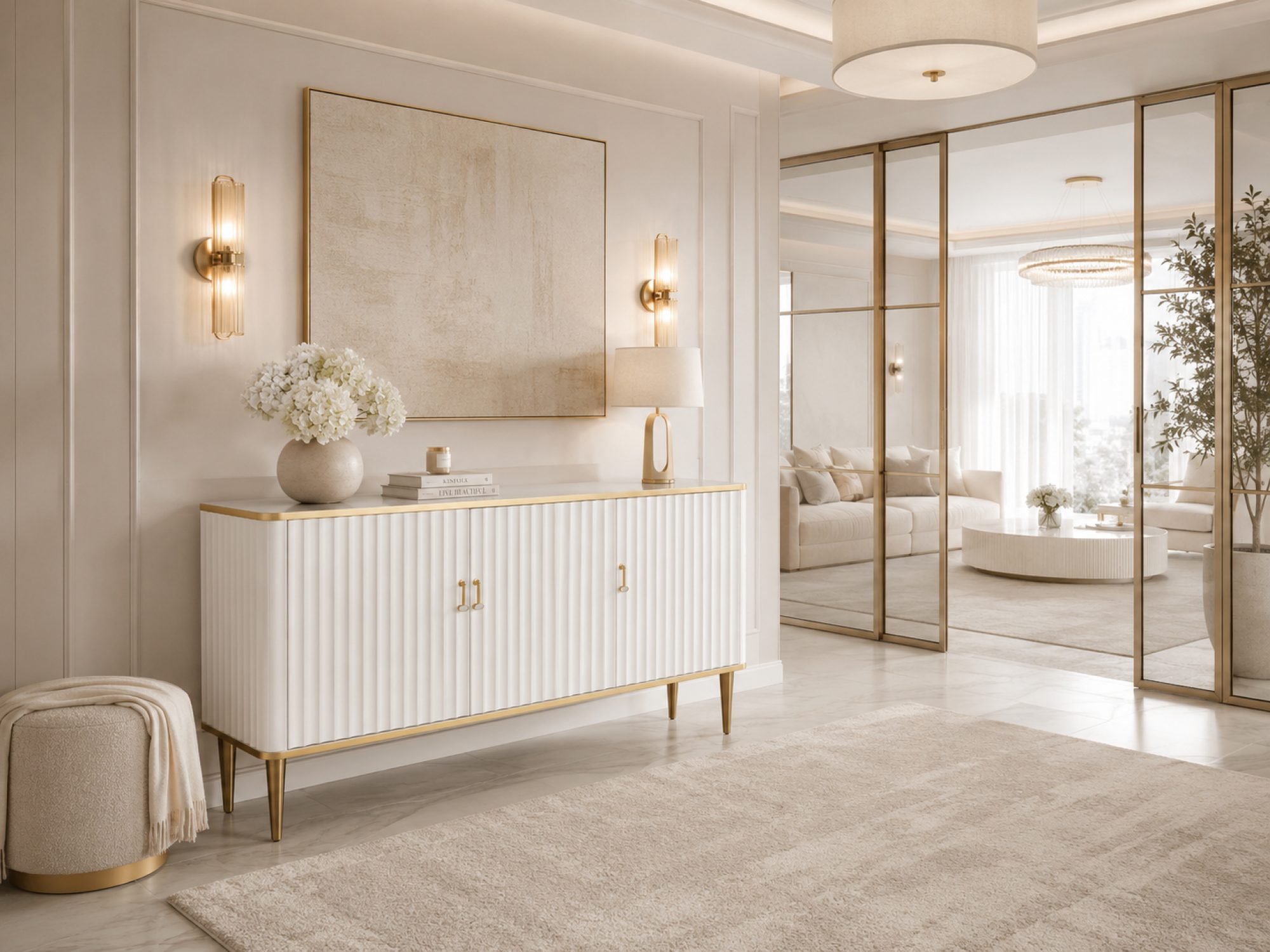Komoda Eleganza v předsíni s velkým zrcadlem a zlatými nástěnnými svítidly