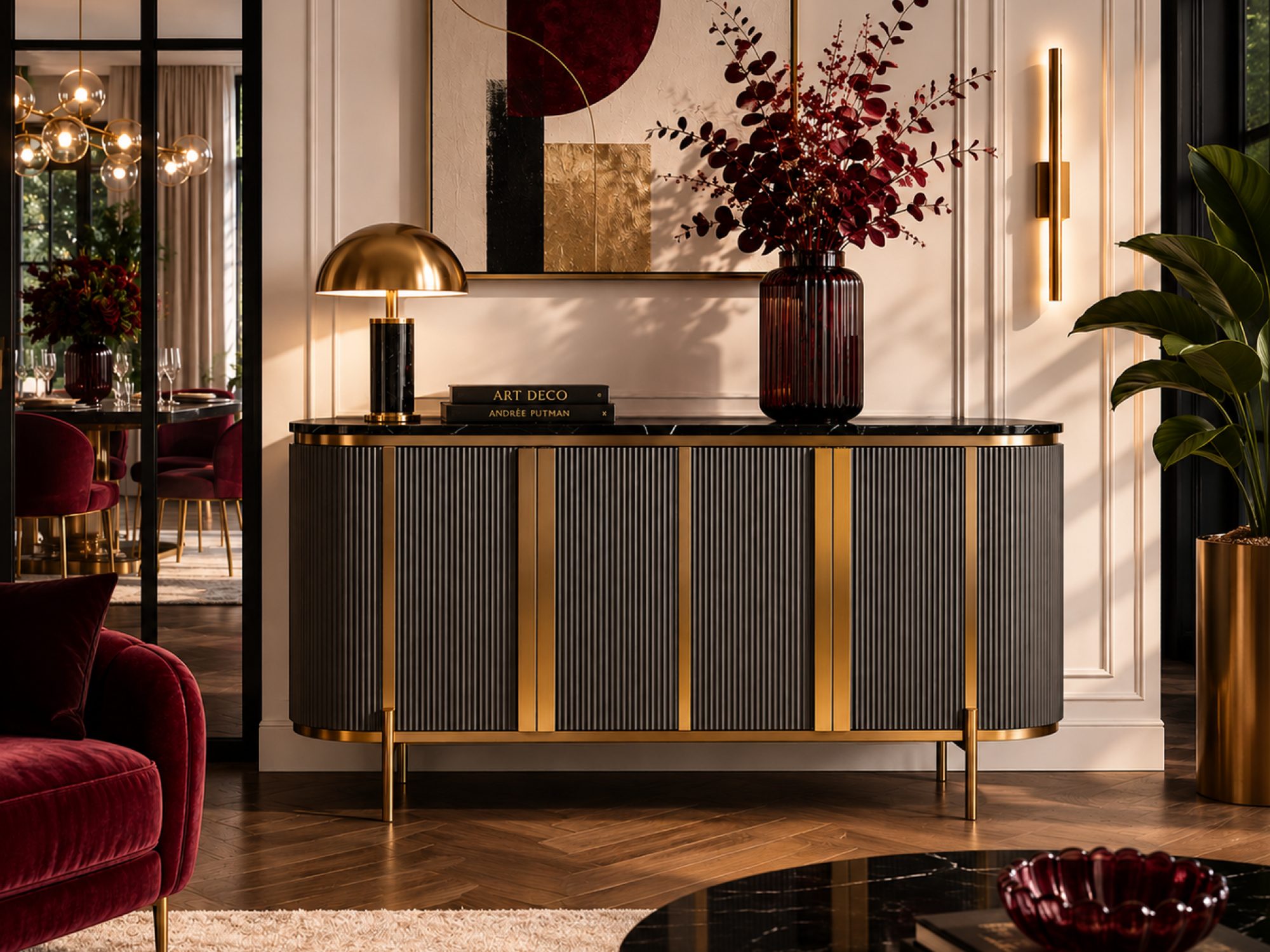 Detailansicht der Kommode Eleganza dekoriert mit bordeauxroter Vase und goldener Lampe