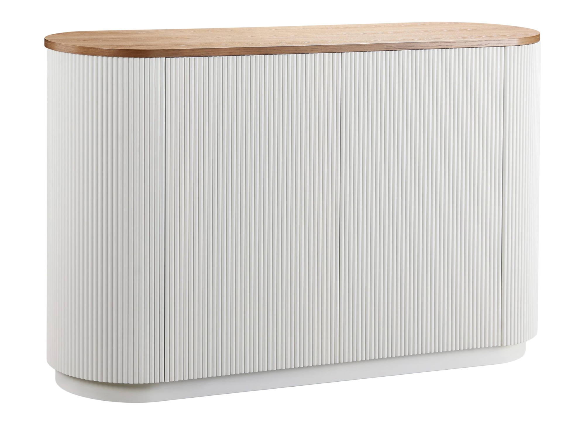 Komoda Eleganza 120 cm ecru s drážkovanými čely a jilmovou deskou, pohled z úhlu