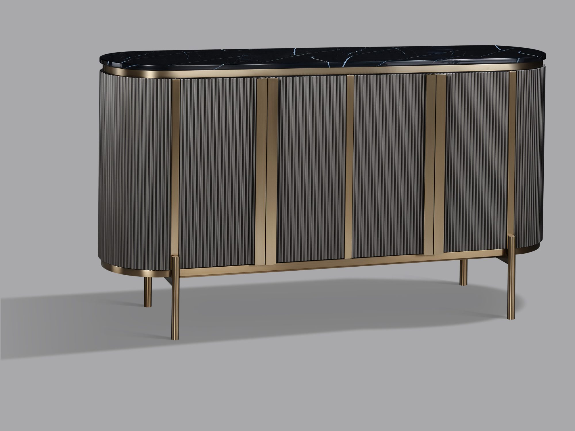 Graphitfarbene Kommode Eleganza mit goldenen Details – schräge Ansicht
