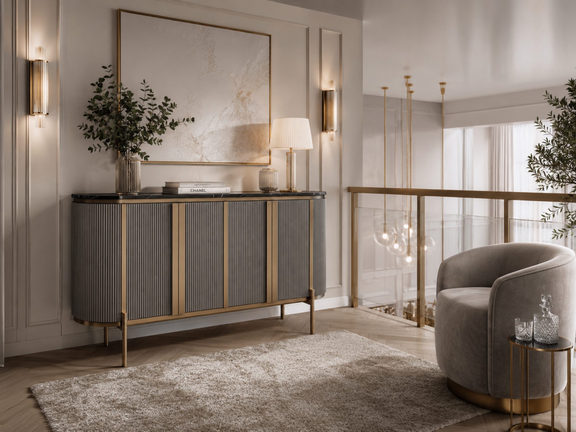 Kommode Eleganza im hellen Wohnzimmer neben einem Sessel am großen Fenster