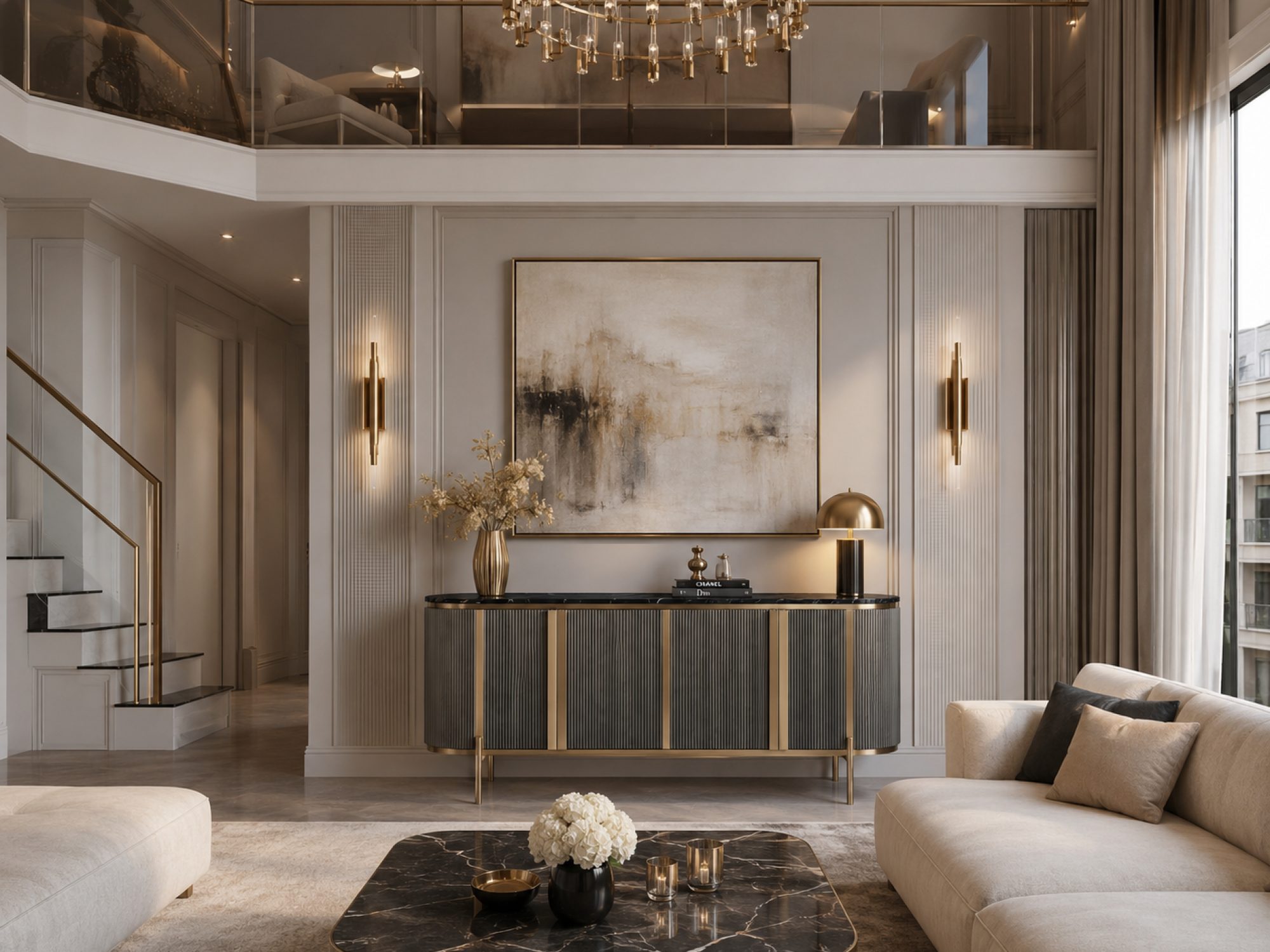 Kommode Eleganza im hellen Wohnzimmer mit Wandbild und goldenen Accessoires