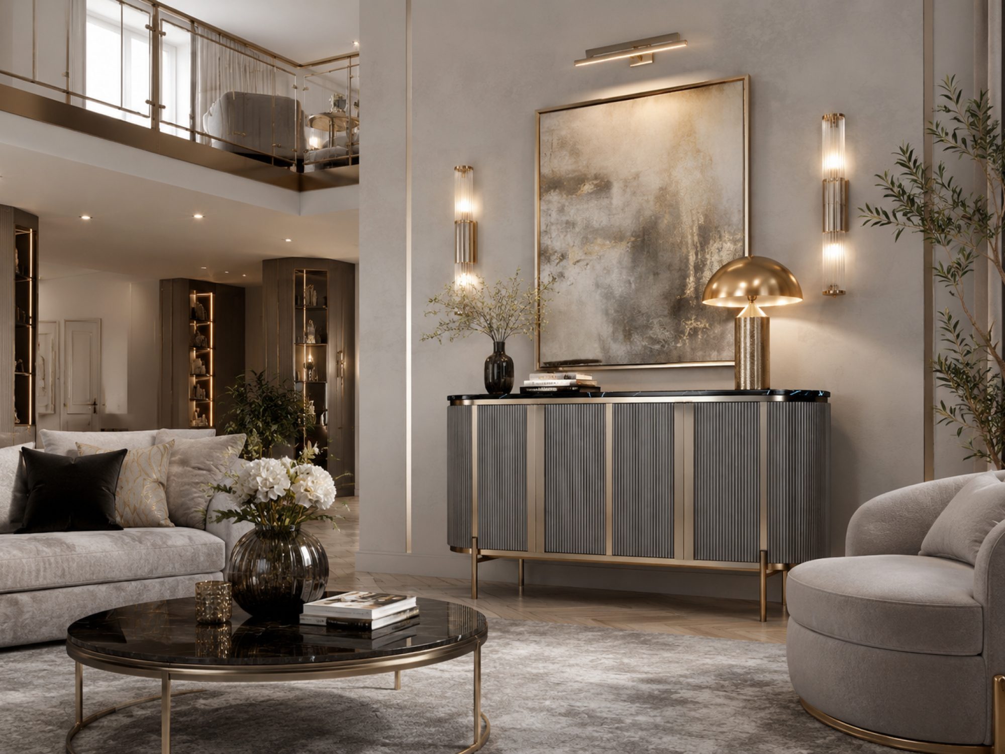 Kommode Eleganza mit goldenen Akzenten im stilvollen Wohnbereich