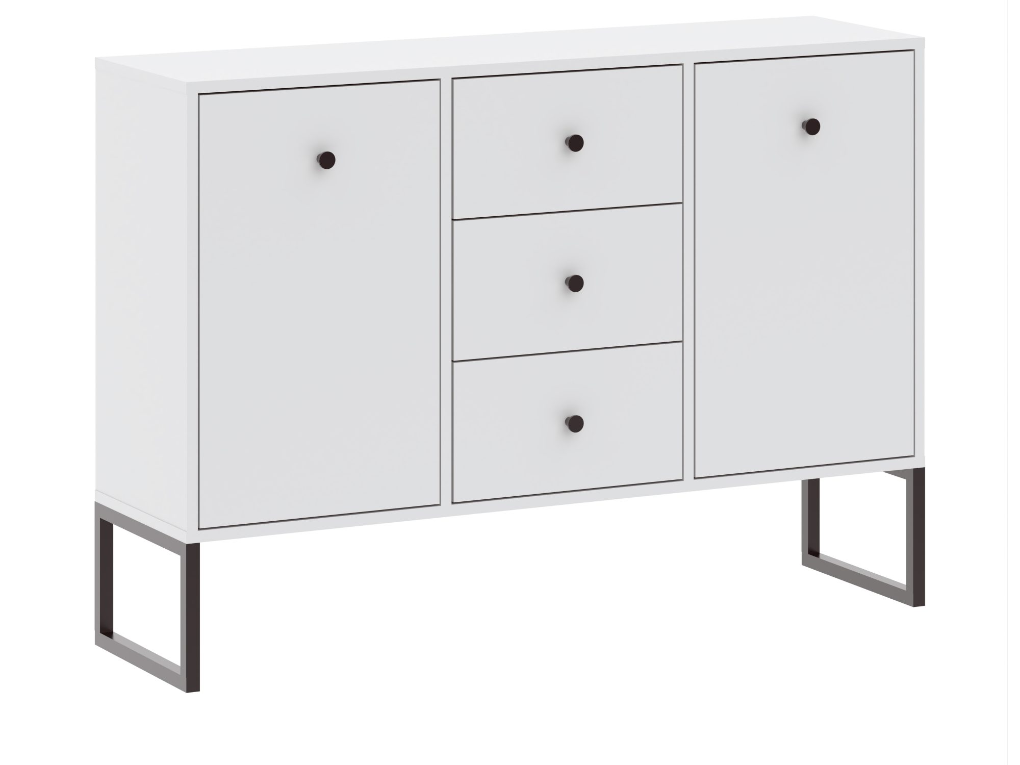 Weiße Kommode Linvero 115 cm mit zwei geschlossenen Türen, drei Schubladen und Metallbeinen