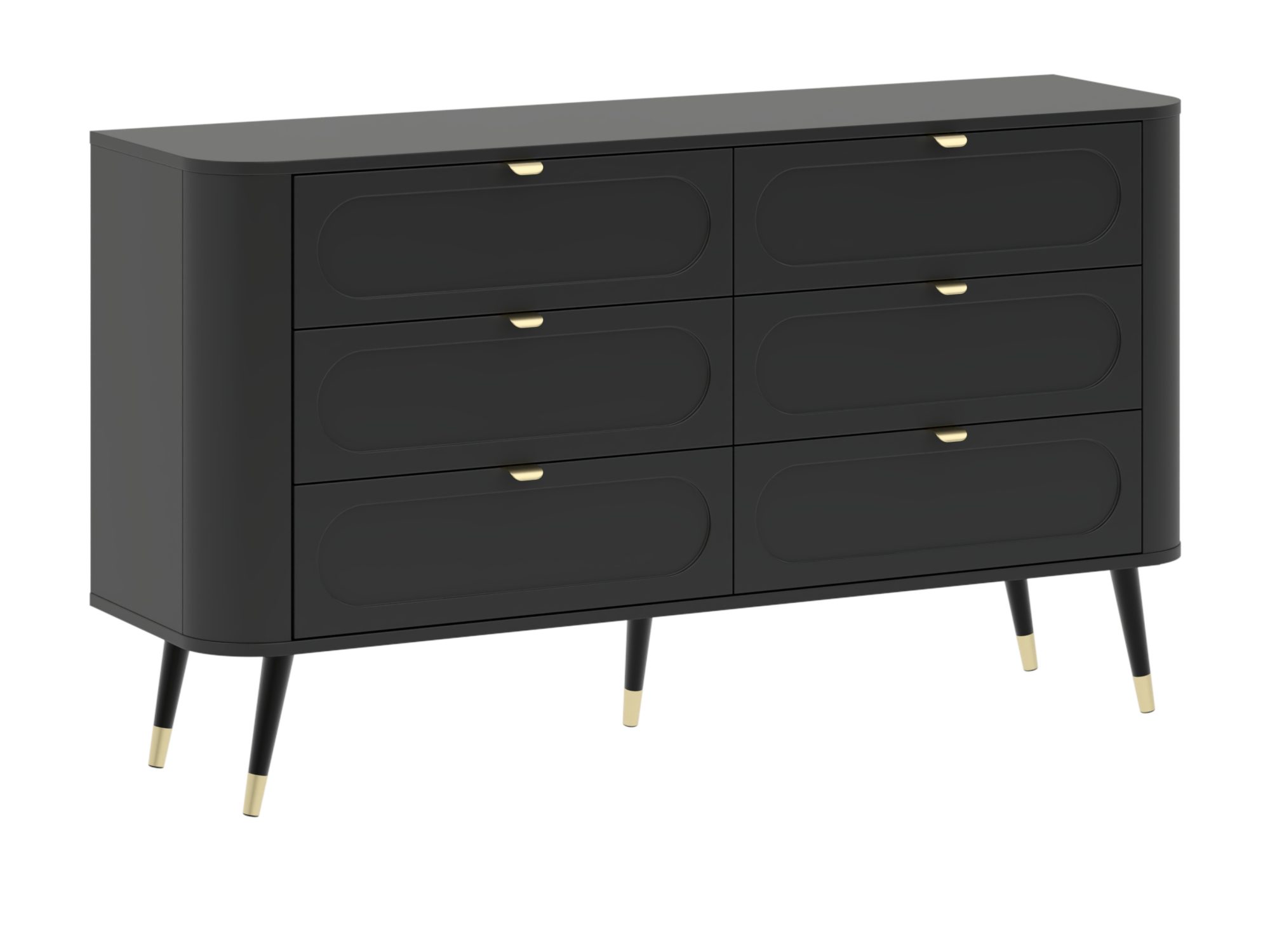 Schwarze Kommode Lumaro 138 cm – sechs Schubladen, profilierte Fronten und goldene Griffe