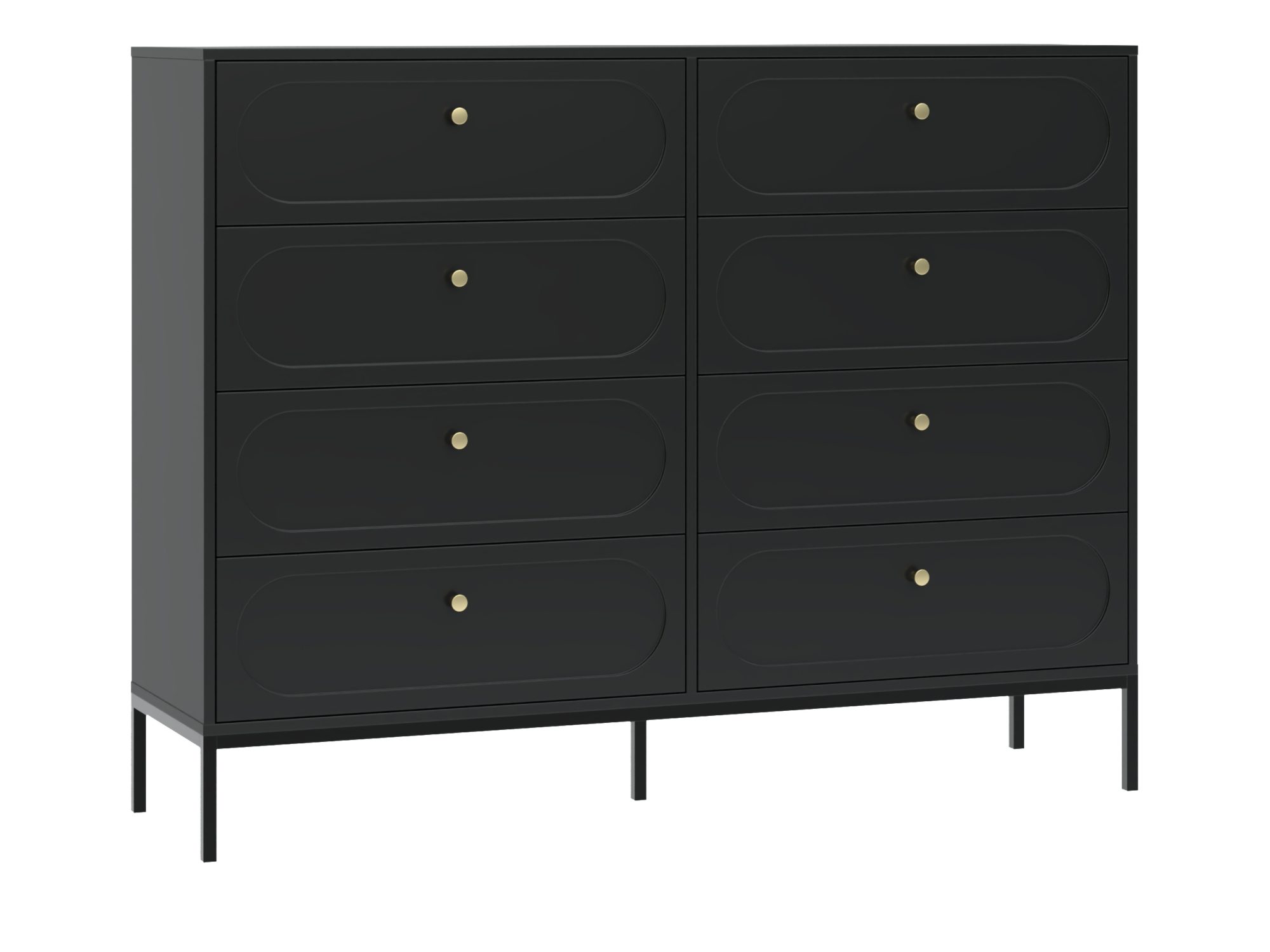 Kommode Munaro 150 cm Schwarz – acht Schubladen und schwarze Metallbeine