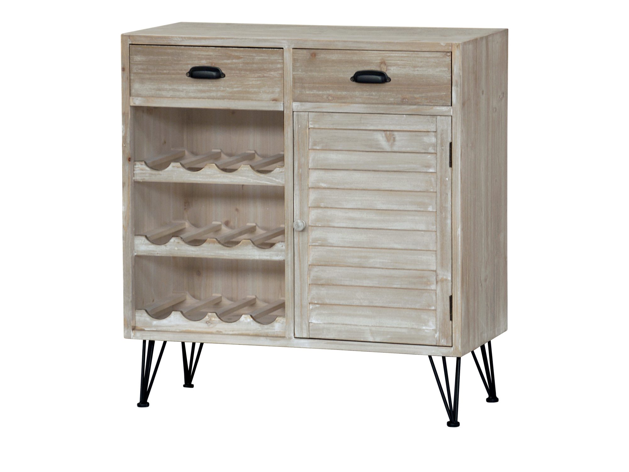 Weinkommode Loano 81 cm mit zwei Schubladen und Flaschenfächern aus hellem Holz