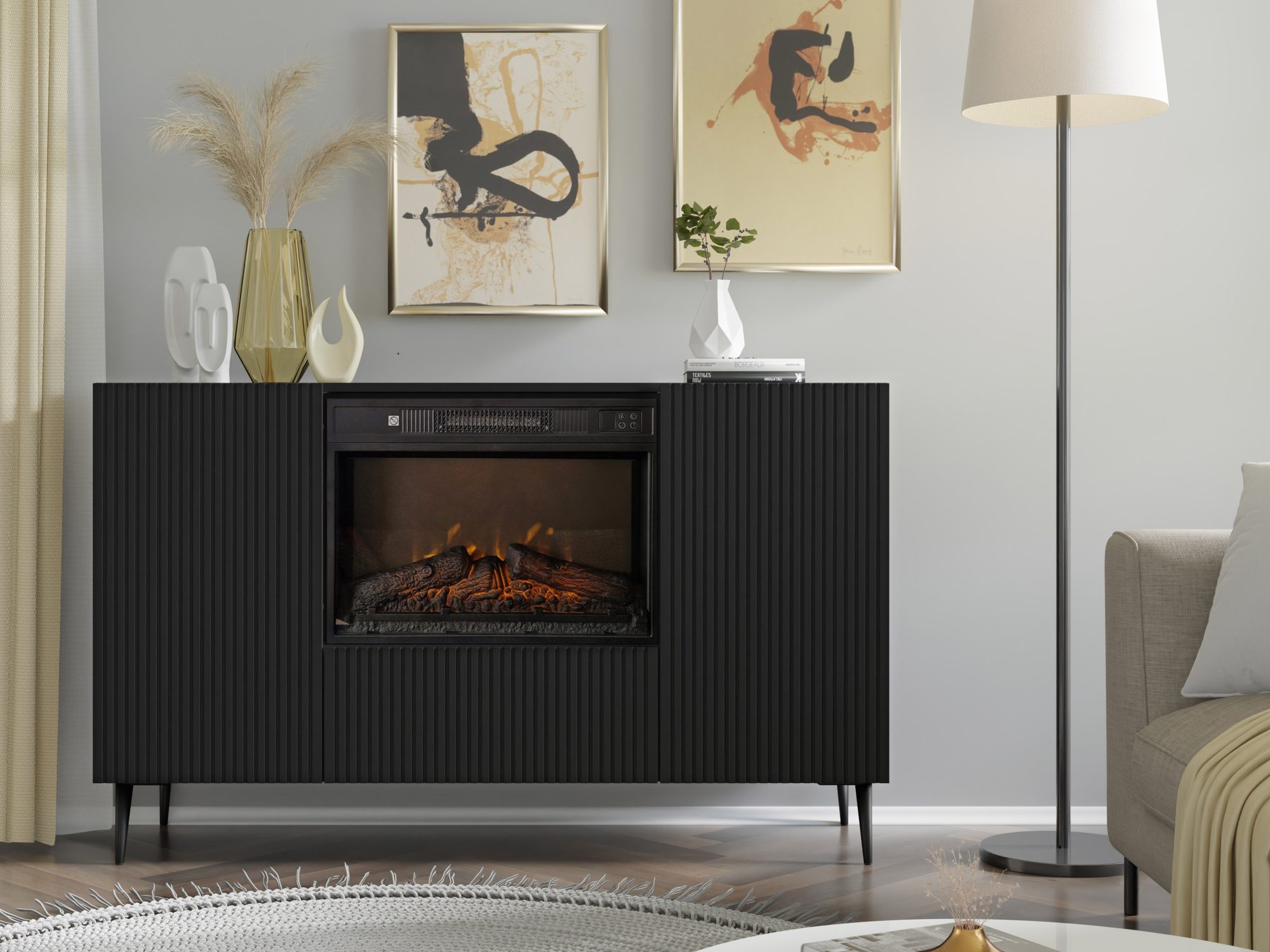 Kommode Navia mit Kamin und gefrästen Fronten im Wohnzimmer – Hauptansicht
