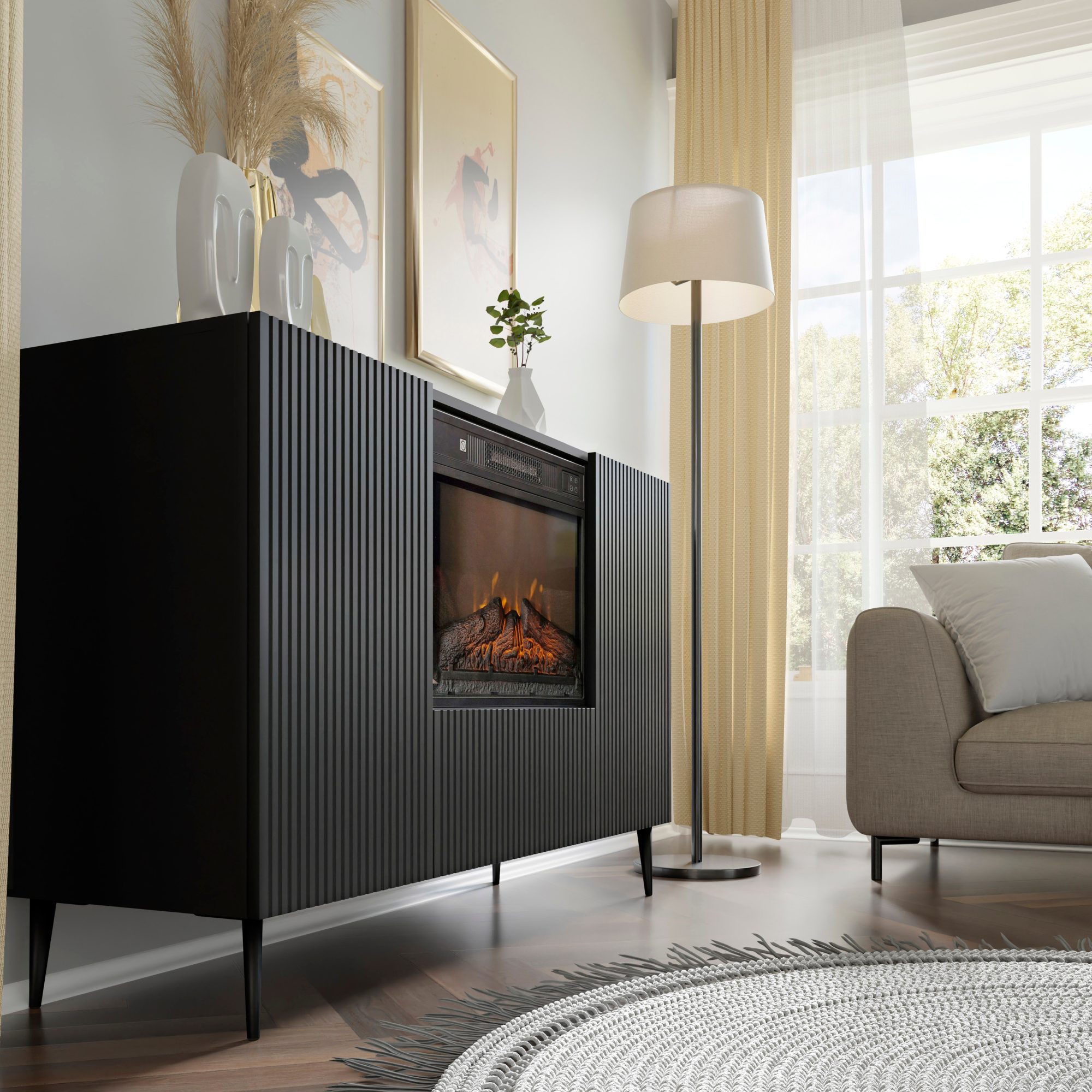 Kommode Navia 140 cm im Wohnzimmer, Seitenansicht der schwarzen Fronten