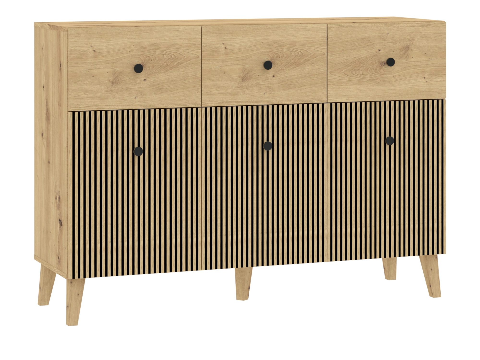 Kommode Norvello 135 cm in Artisan Eiche und Schwarz mit 3 Schubladen – Produktfoto