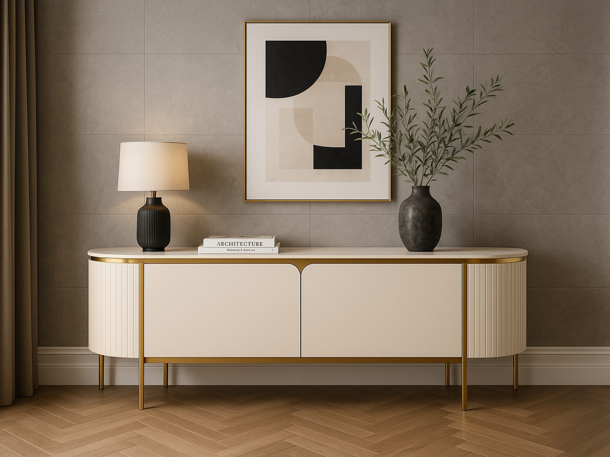 TV komoda Eleganza v interiéru obývacího pokoje u šedé stěny