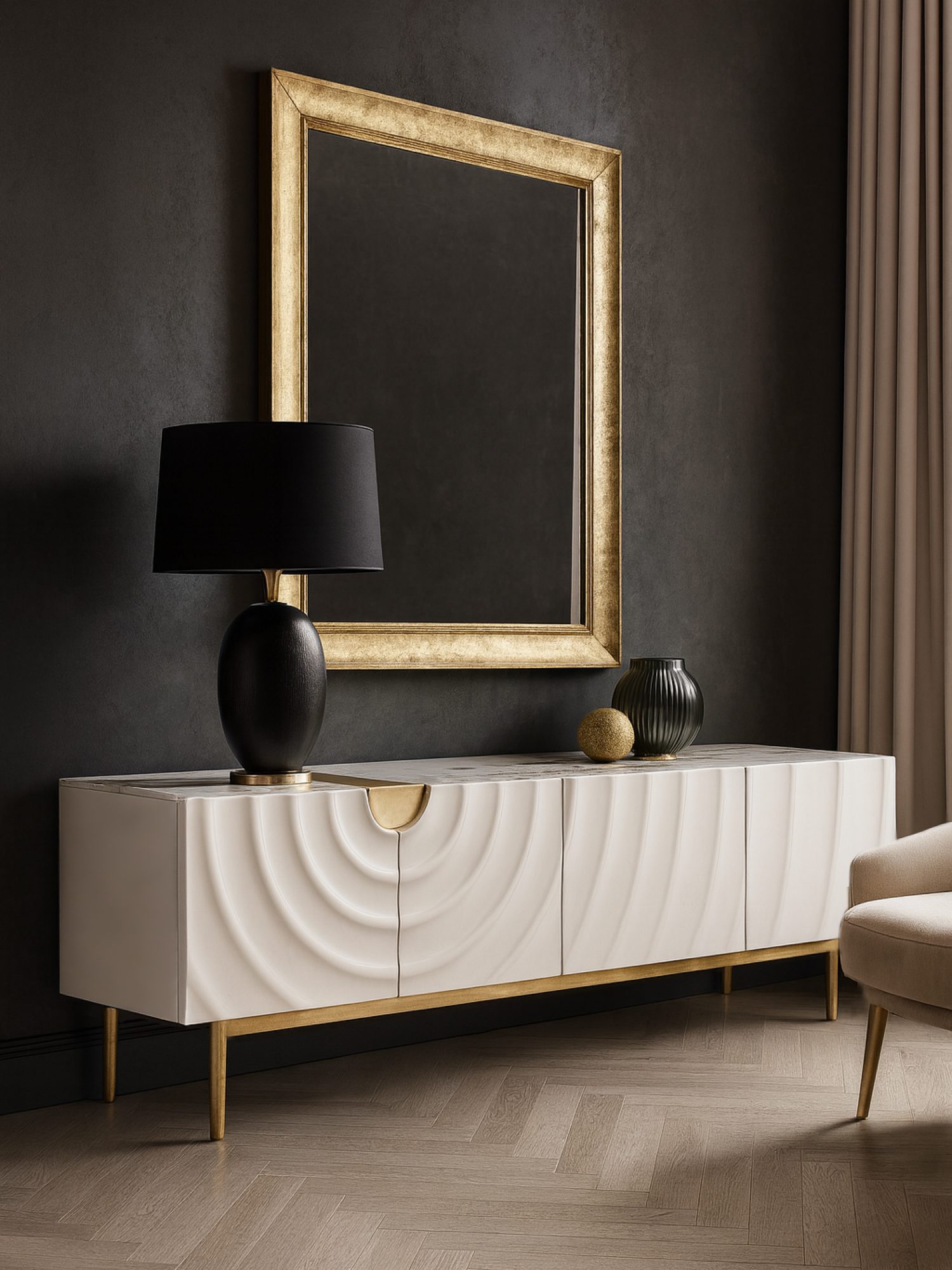 TV stolek Eleganza ecru s mramorovou deskou – aranžmá se zrcadlem