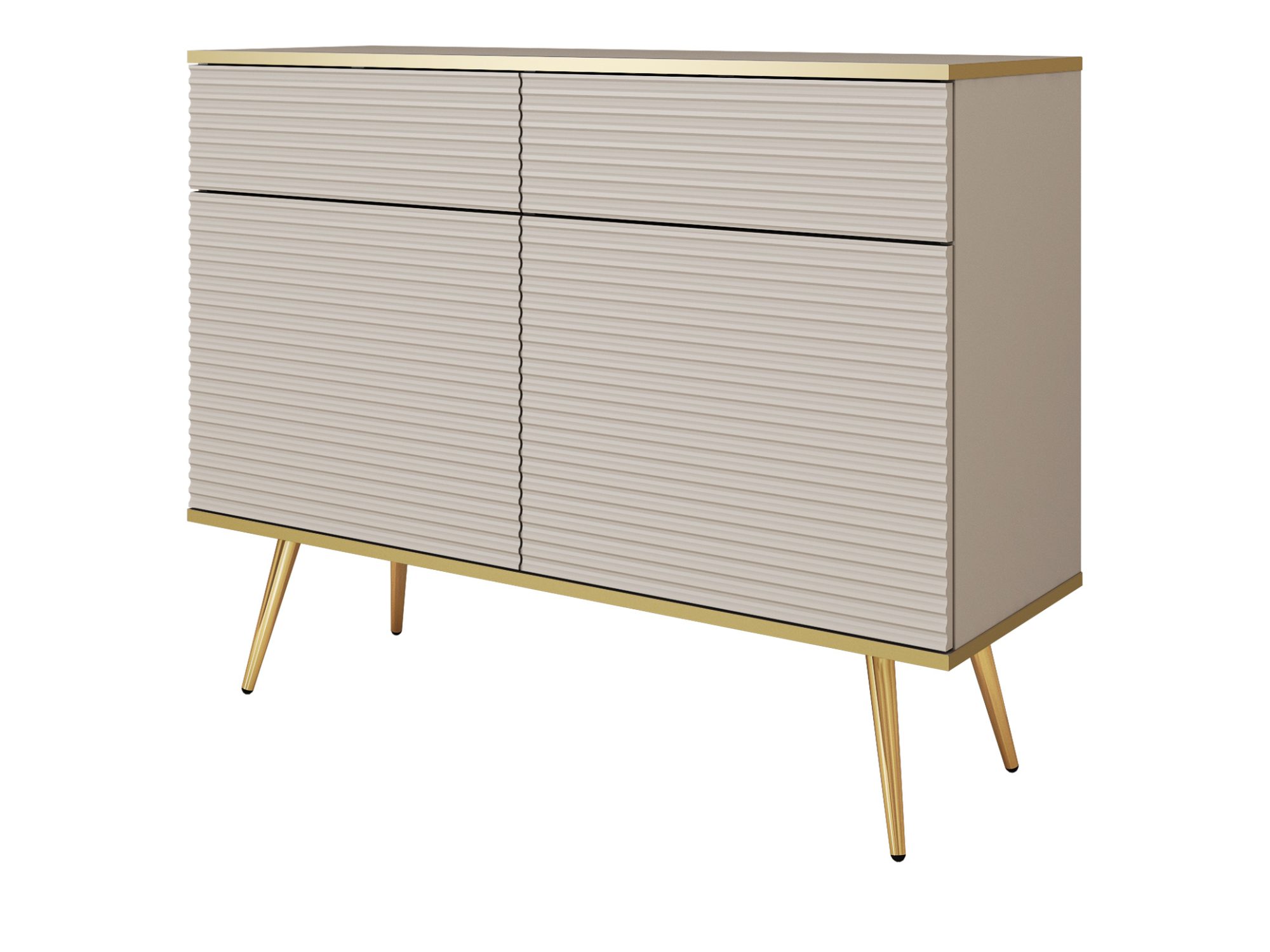 Kommode Teyser 107 cm in Beige mit geriffeltem MDF und goldenen Beinen – Produktfoto