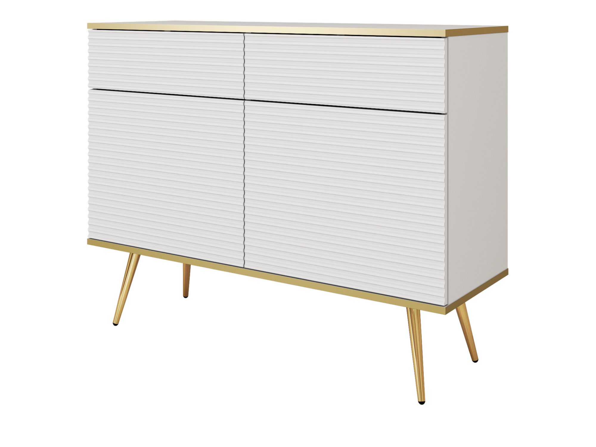 Kommode Teyser 107 cm in Weiß mit gerilltem MDF und goldenen Beinen – Produktfoto