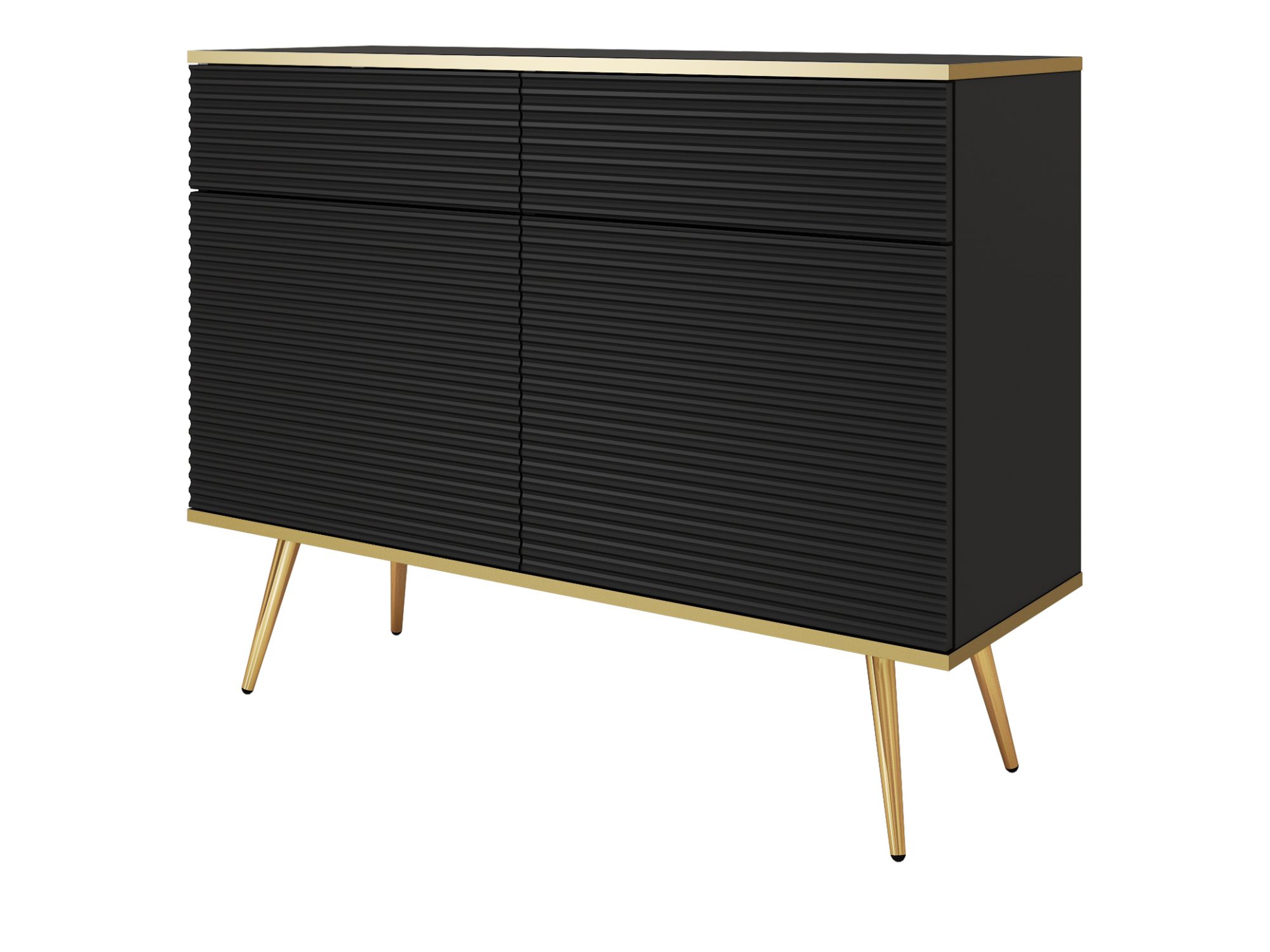 Kommode Teyser 107 cm in Schwarz mit gerilltem MDF und goldenen Beinen – Produktfoto