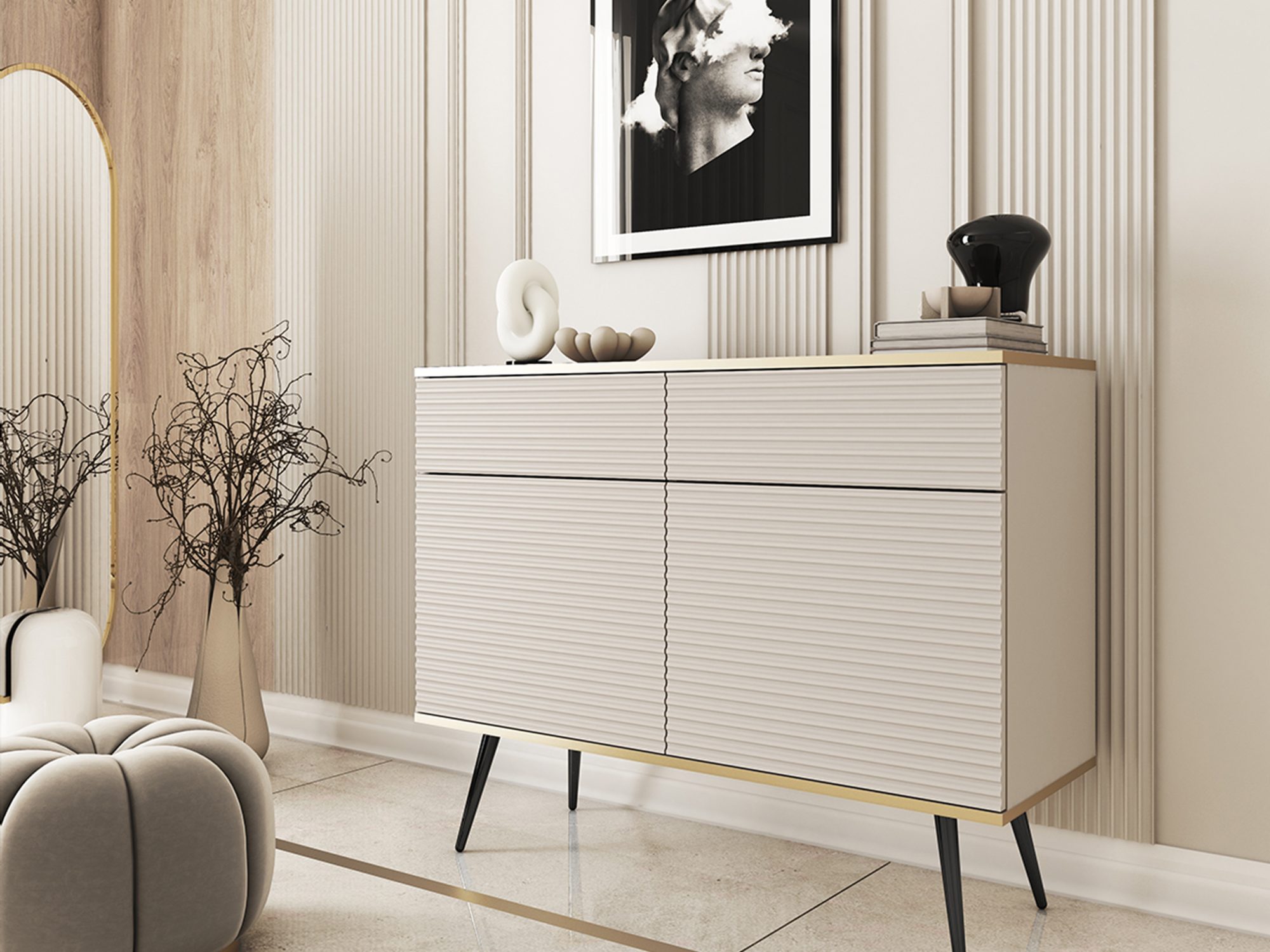 Kommode Teyser MDF in Beige mit schwarzen Beinen – Wohnzimmer-Arrangement
