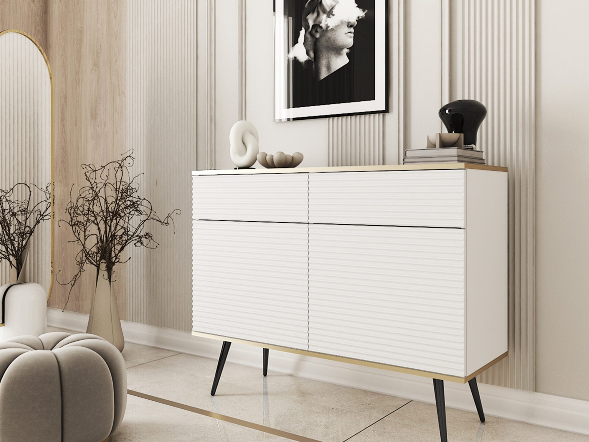 Kommode Teyser MDF in Weiß mit schwarzen Beinen – Wohnzimmer-Arrangement