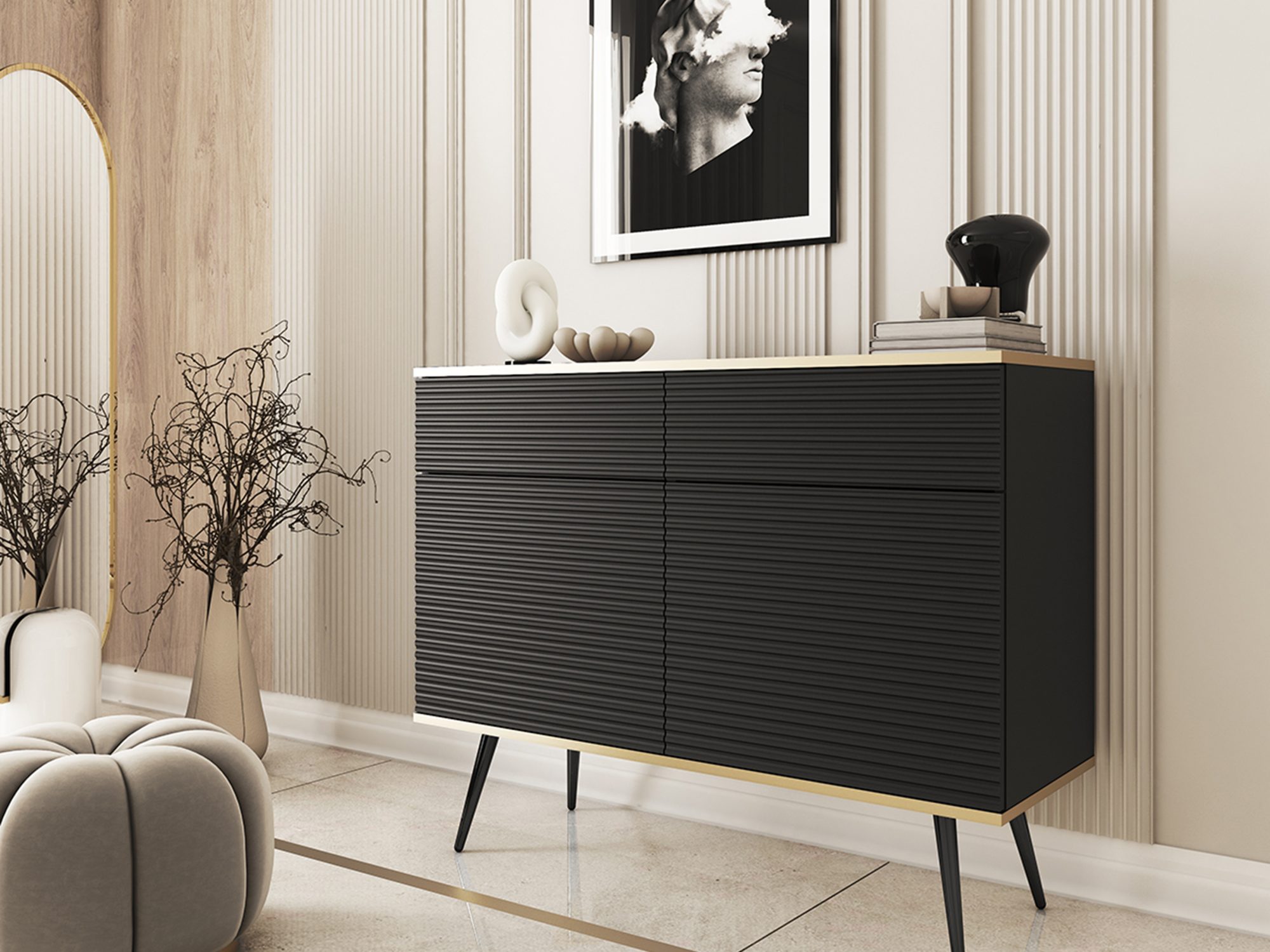 Gerillte Kommode Teyser MDF in Schwarz mit schwarzen Beinen – Wohnzimmer-Arrangement