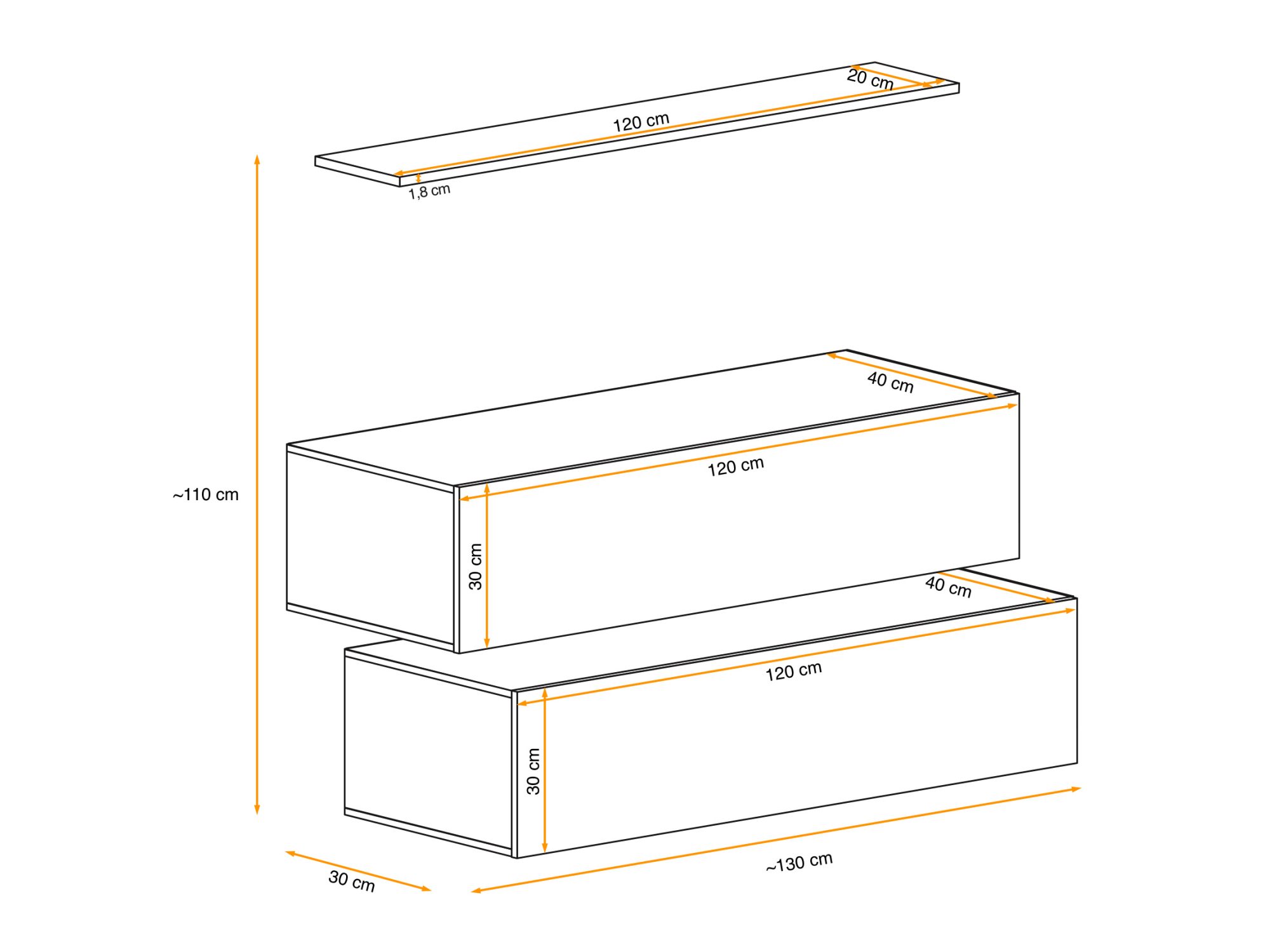 Hängekommode Kelmoro 130 cm mit 2 Klappfächern und Regal – Maßzeichnung, Ansicht 2