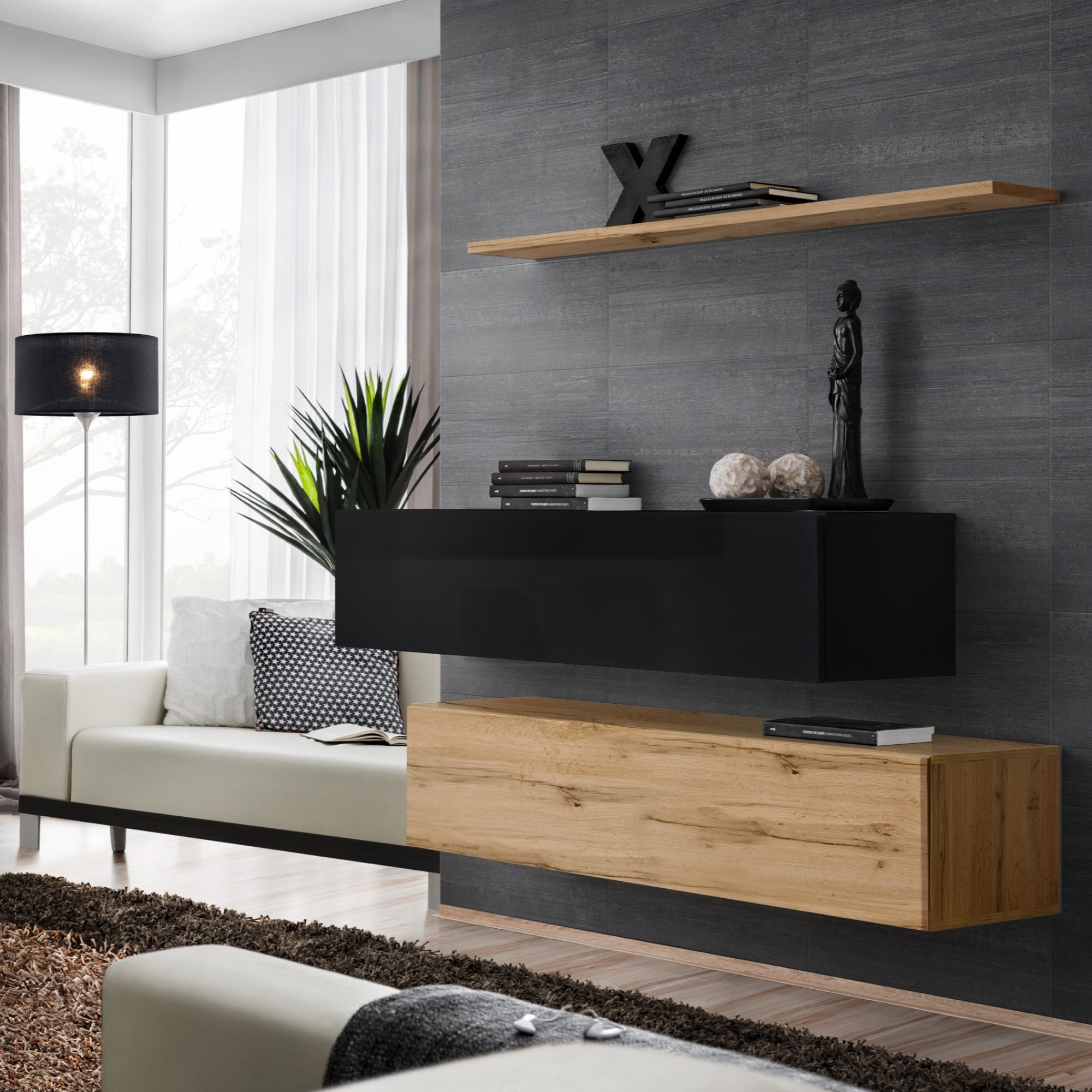 Hängekommode Kelmoro 130 cm mit 2 Klappfächern und Regal im Wohnzimmer-Ambiente