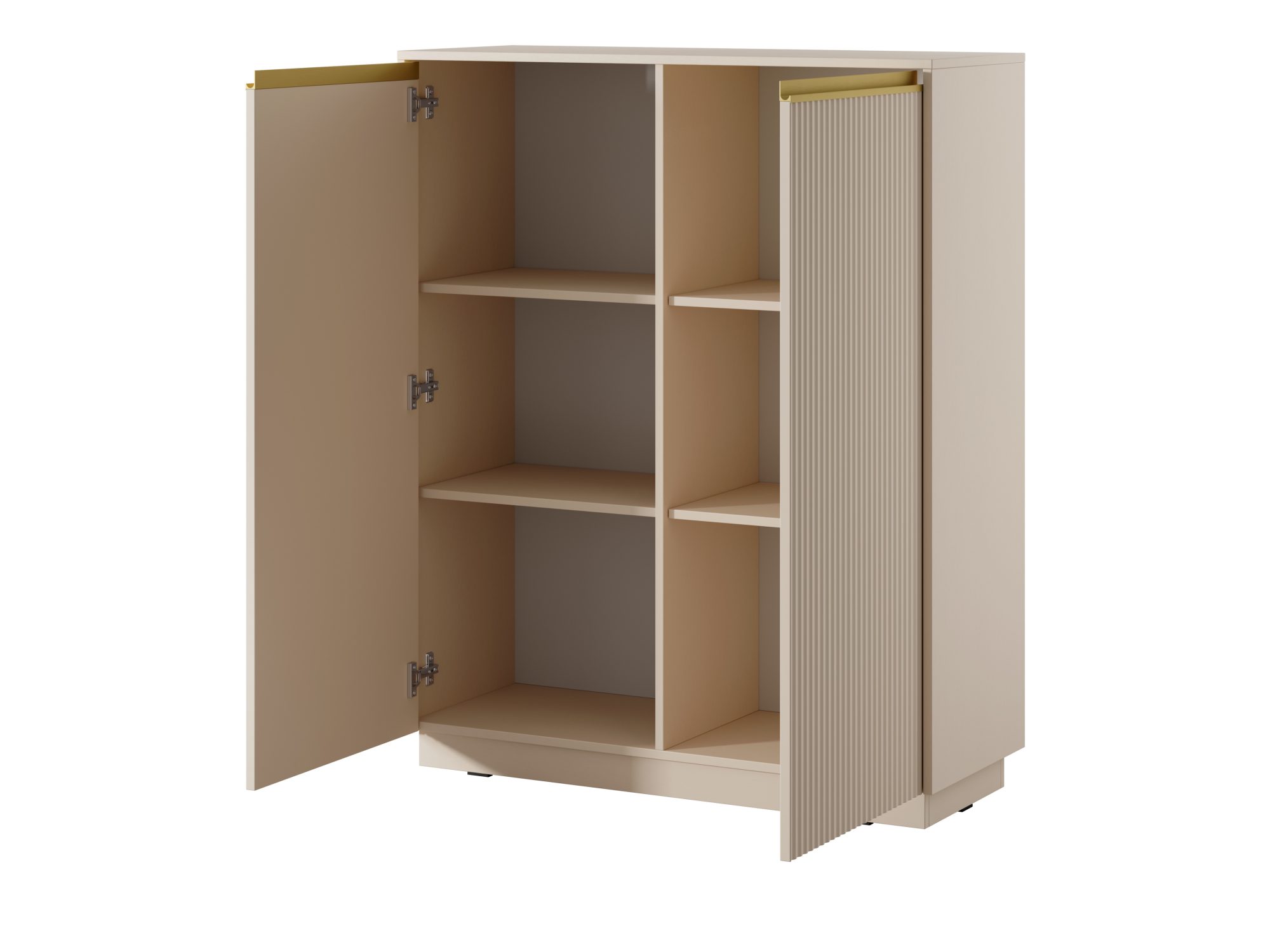 Hohe Kommode Regalio 104 cm Beige – geöffnete Türen und Einlegeböden
