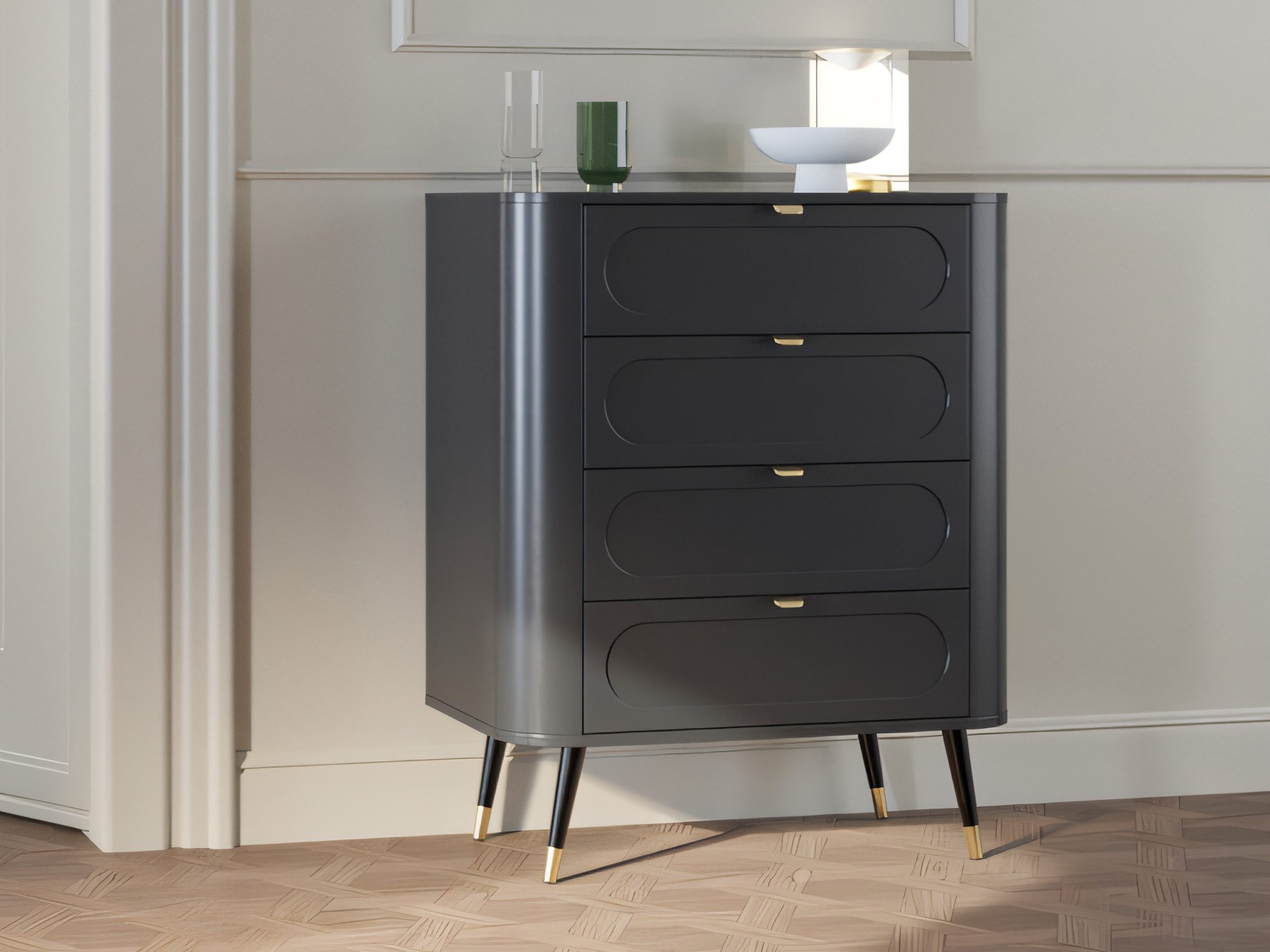 Schwarze Kommode Lumaro in einem stilvollen Wohnzimmer-Arrangement