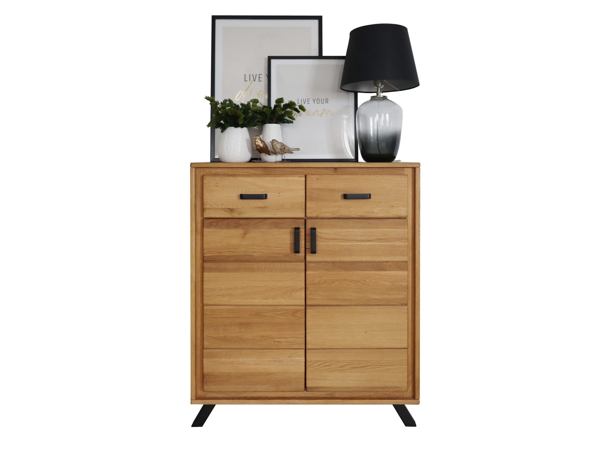 Komoda drewniana ALAMOS LOFT 91 cm w jasnym wybarwieniu – front z dwiema szufladami
