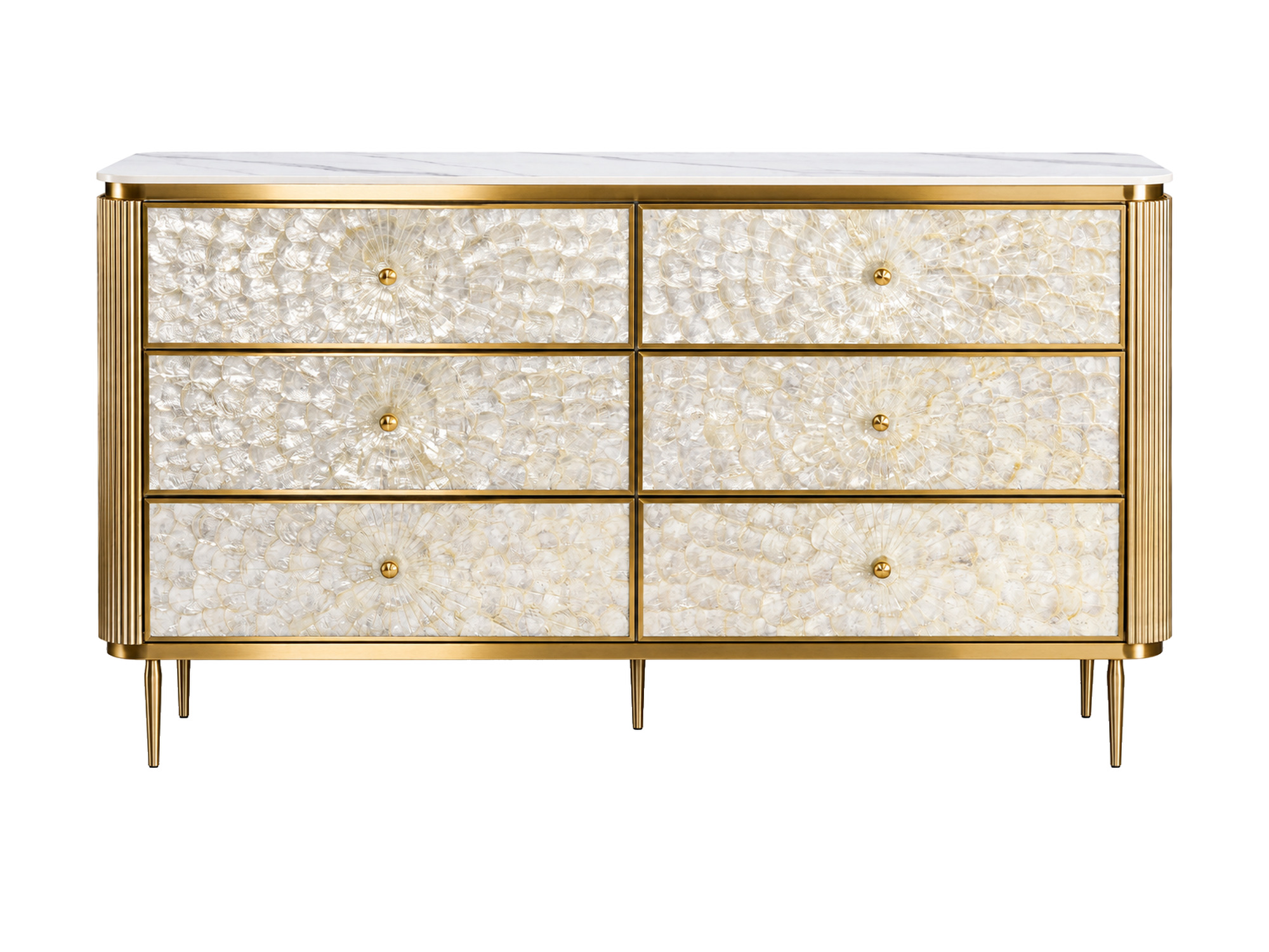 Kommode Eleganza 160 cm mit Muschelfronten in Champagnergold – Produktansicht auf weißem Hintergrund