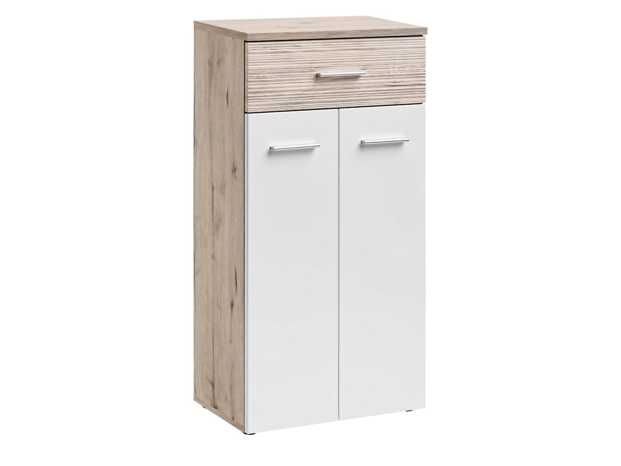Hellbrauner Schrank mit Schublade und Metallgriffen