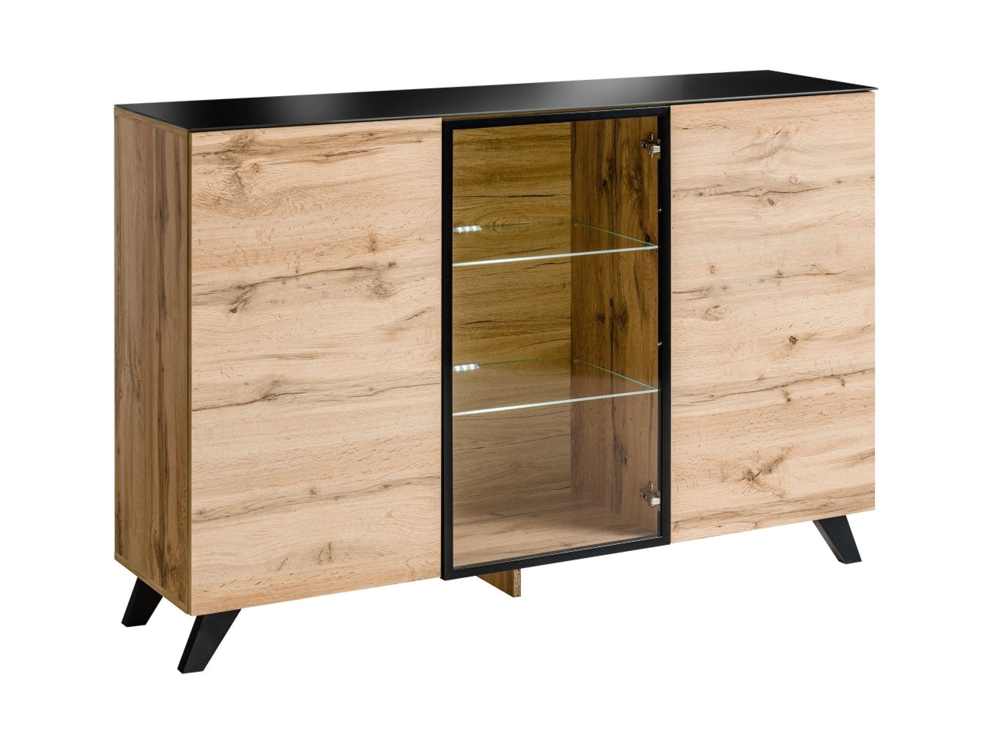 Kommode mit Vitrine LED Tervano 150 cm Wotan Eiche Schwarz