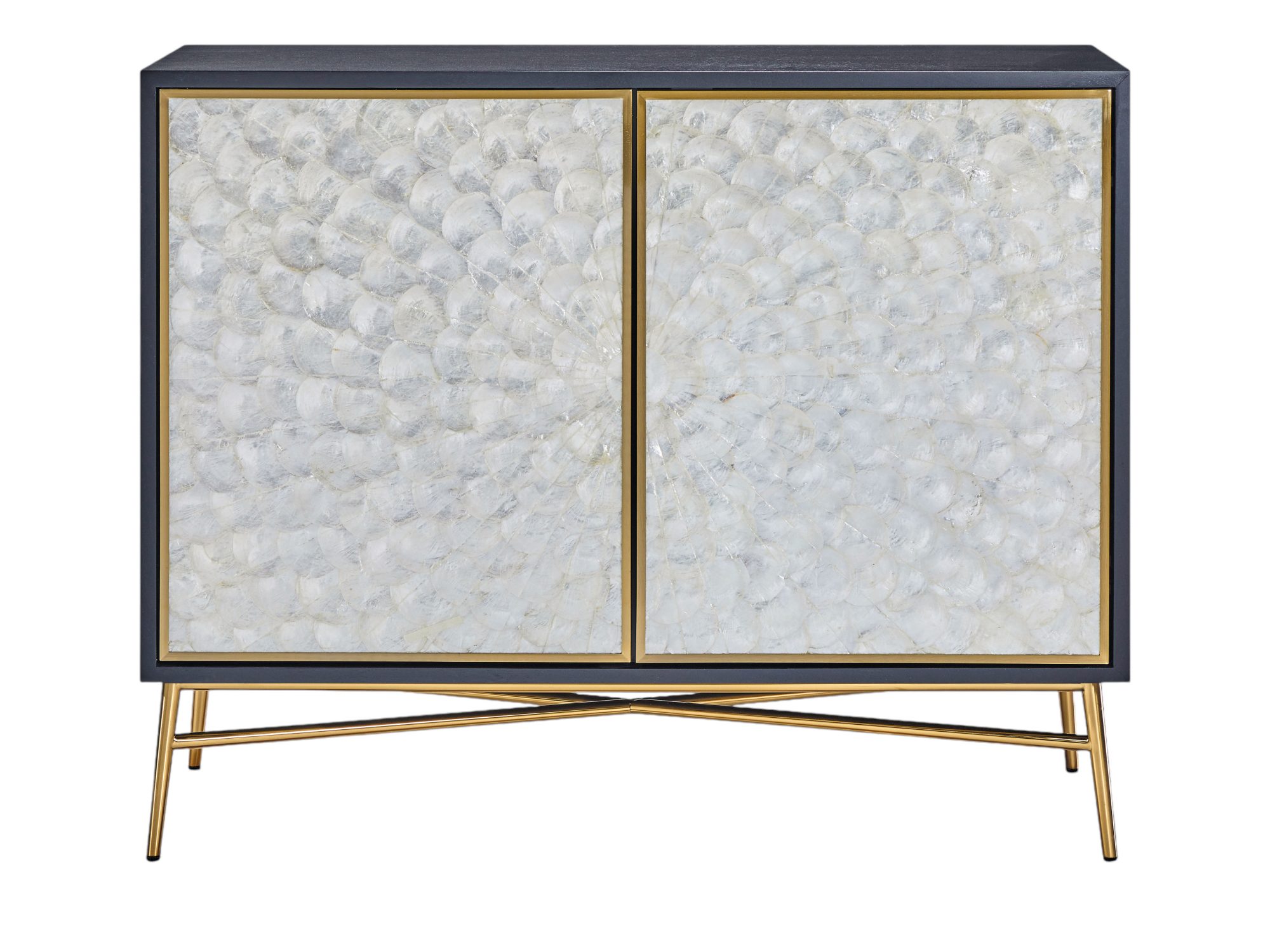 Graphitfarbene Kommode Eleganza mit Muschelfront und goldenen Beinen auf weißem Hintergrund