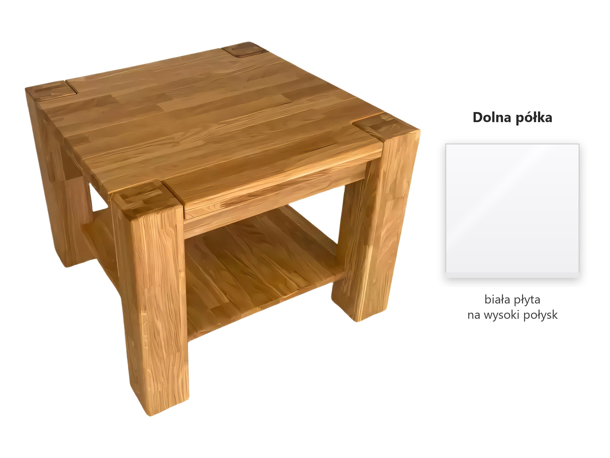 Čtvercový konferenční stolek Taverno 65 × 65 cm – spodní police v bílém vysokém lesku, vzorek povrchu