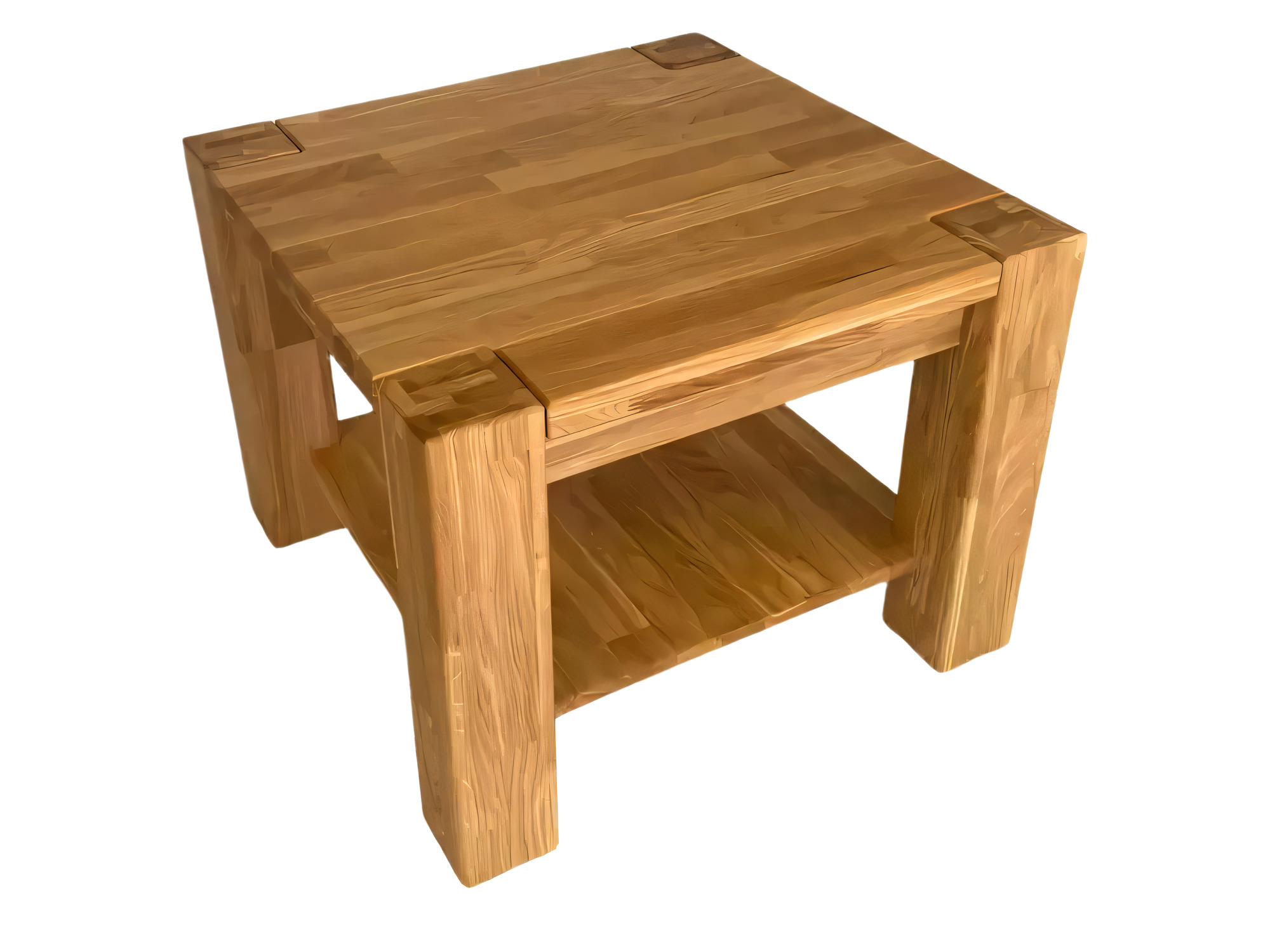 Čtvercový dubový konferenční stolek Taverno 65 × 65 cm s dubovou policí na bílém pozadí