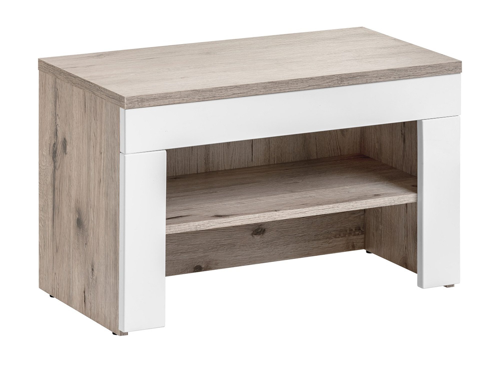Beistelltisch mit Ablage, helles Holz, weiße Beine