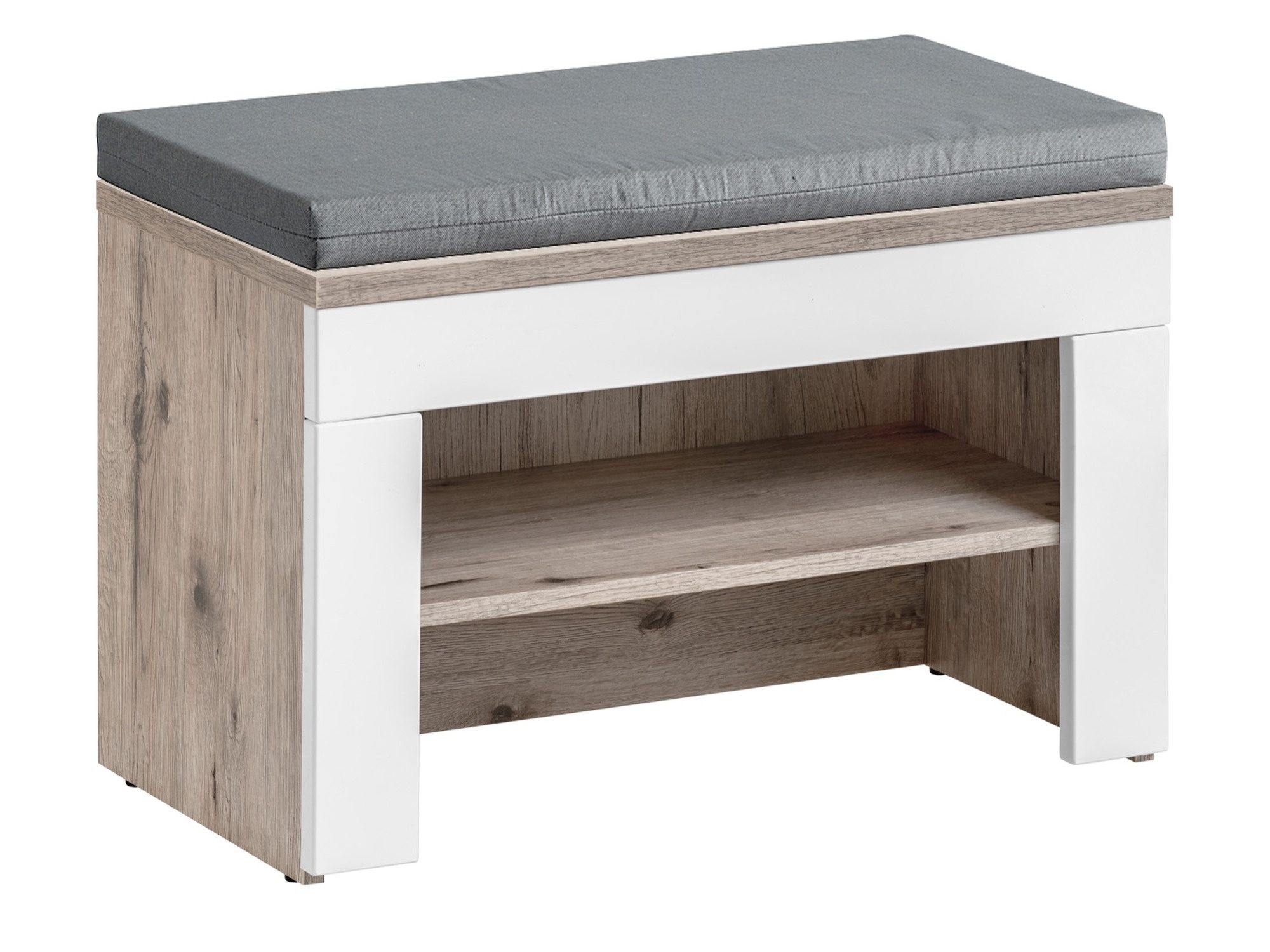 Sitzbank mit grauem Kissen und Ablage