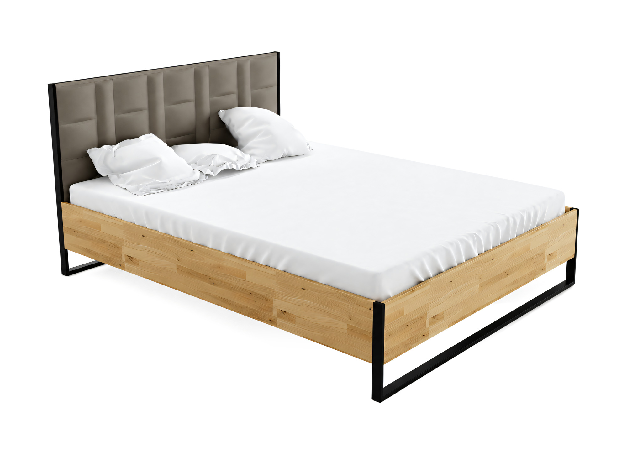 Bett Kongaro im Loft-Stil aus Eiche und Metall mit gepolstertem Kopfteil