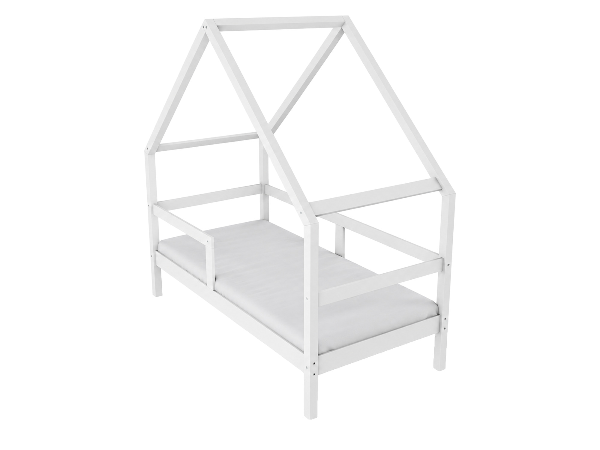 Weißes Hausbett Pevano 80×160 cm – Kiefernholzrahmen mit Dach vor weißem Hintergrund