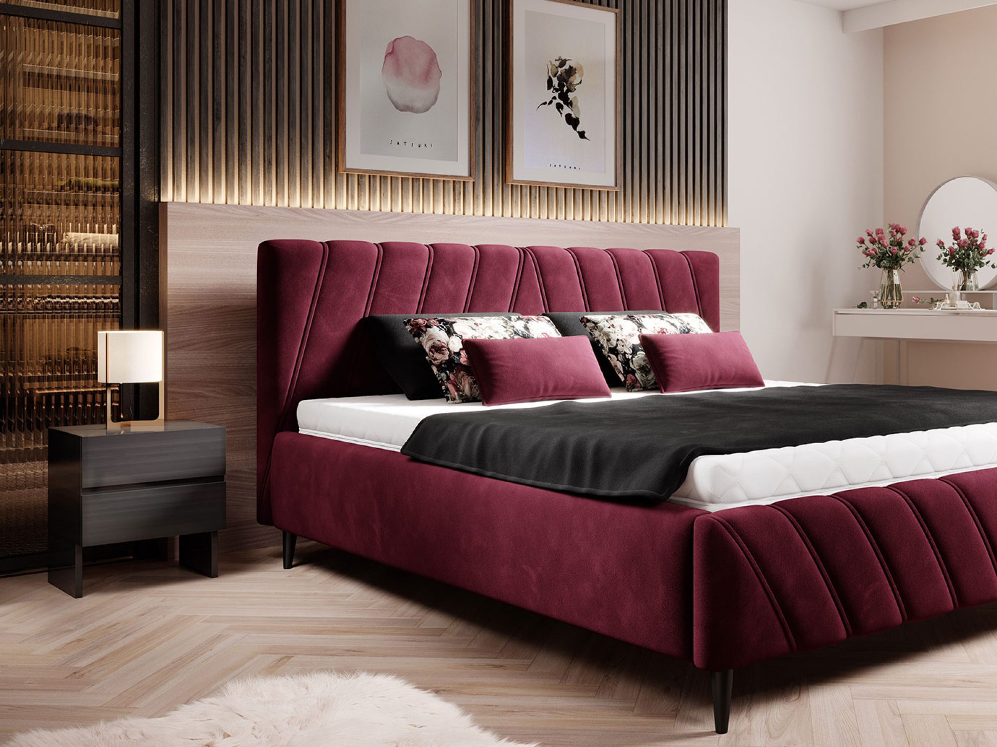 Bordeauxrotes Bett Kalivia im Schlafzimmer, seitliche Ansicht