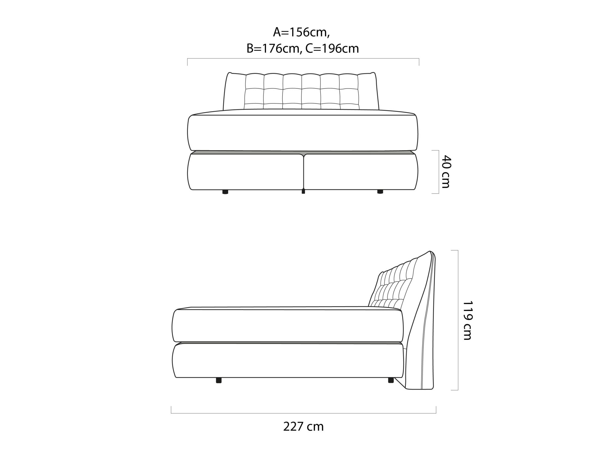 Maßzeichnung Bett Diunessa: Breite 156, 176 oder 196 cm, Länge 227 cm, Höhe 119 cm