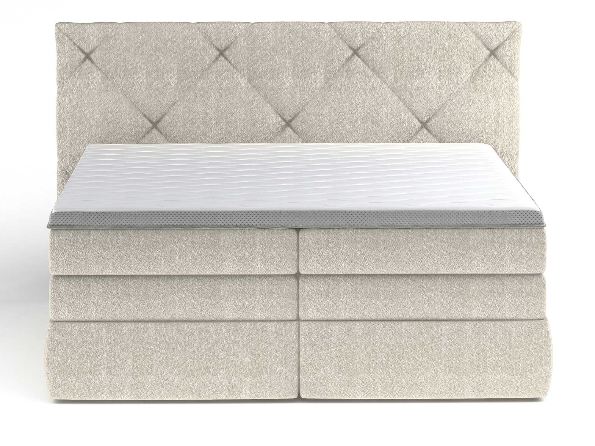 Beiges Boxspringbett Lungaro in Frontalansicht vor weißem Hintergrund