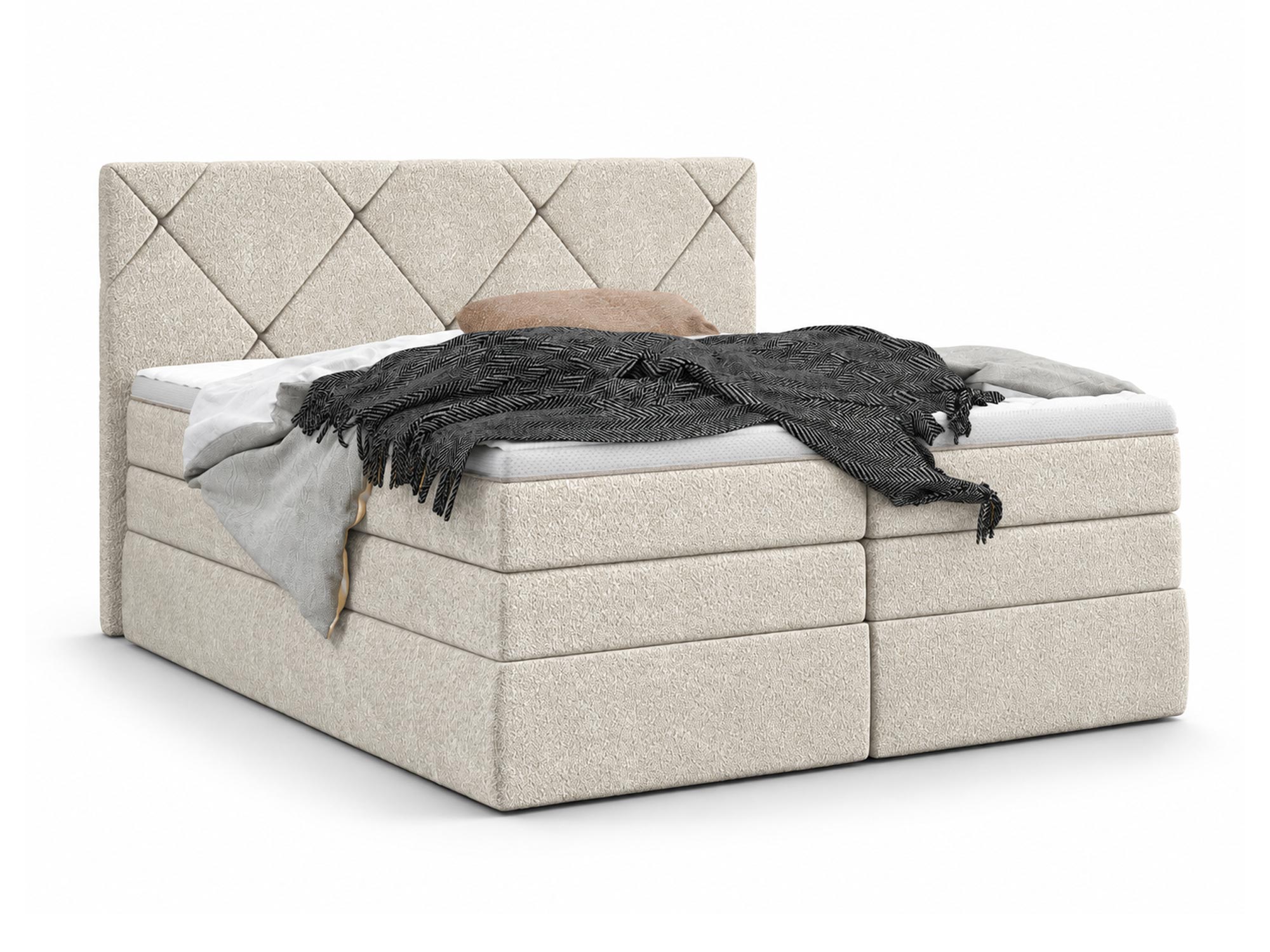 Boxspringbett Lungaro in Schrägansicht, mit zweilagiger Box und graphitfarbenem Plaid vor weißem Hintergrund