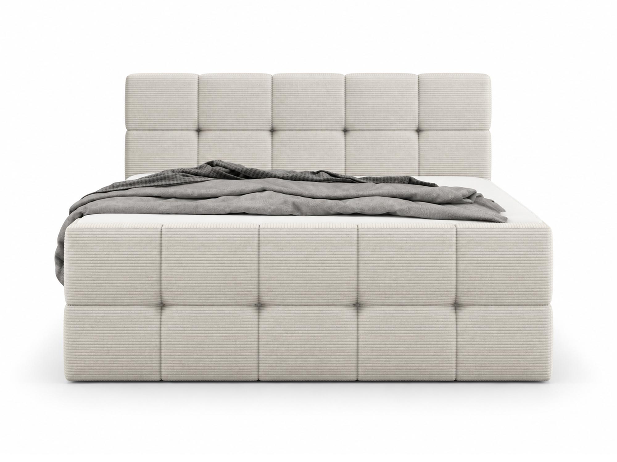 Cremefarbenes Boxspringbett Mederia mit gestepptem Kopfteil und Kordbezug auf weißem Hintergrund