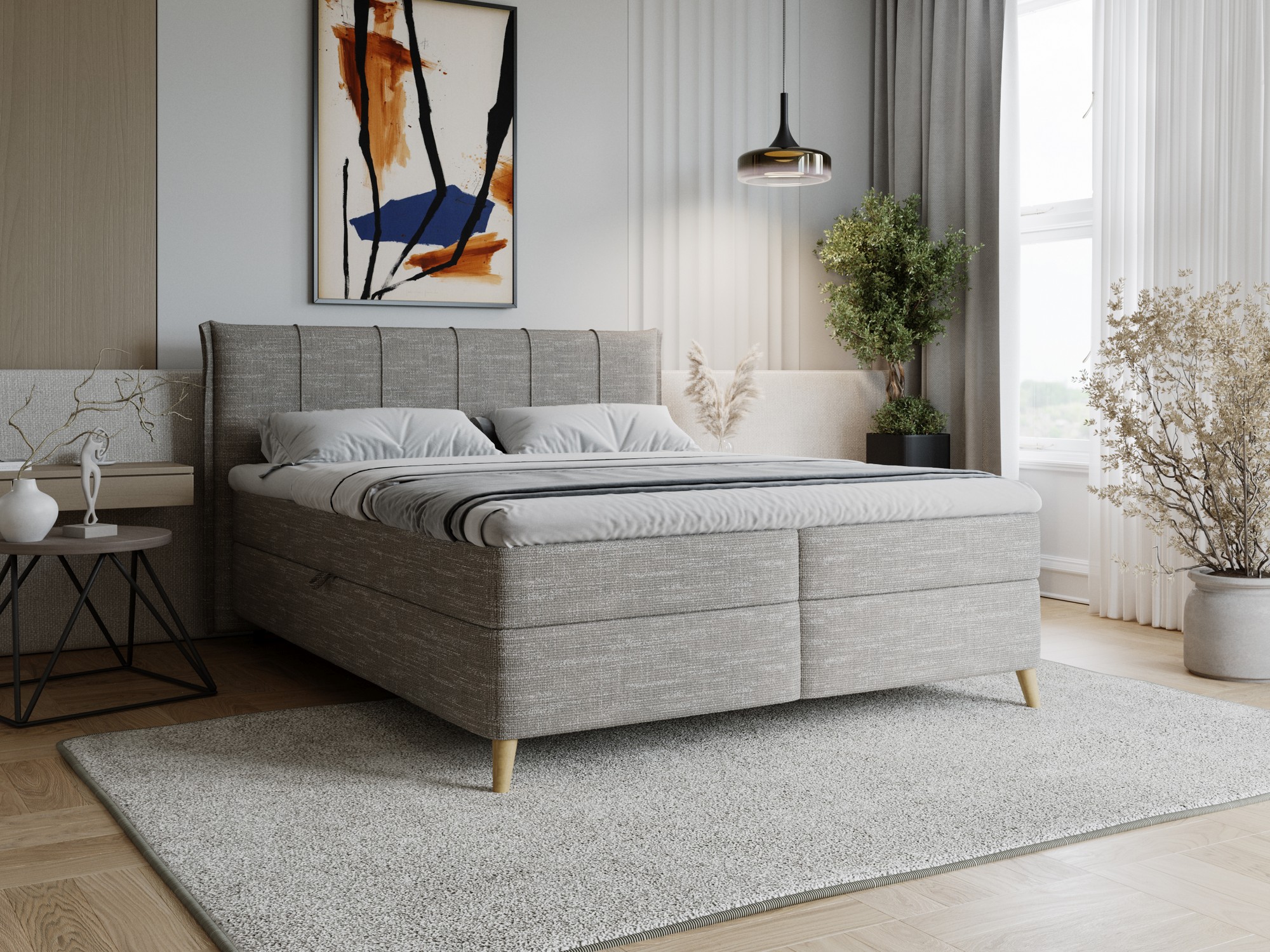 Boxspringbett Velvira mit Bettkästen in einem gemütlich eingerichteten Schlafzimmer