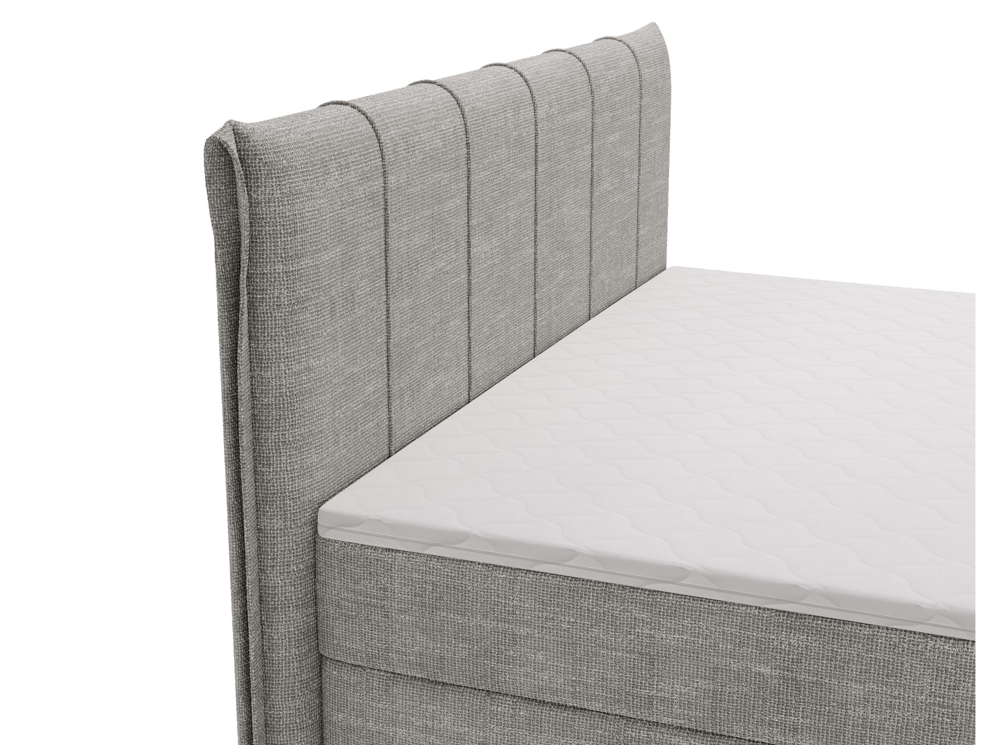 Detailaufnahme des grauen Bezugsstoffs und der Verarbeitung des Boxspringbetts Velvira
